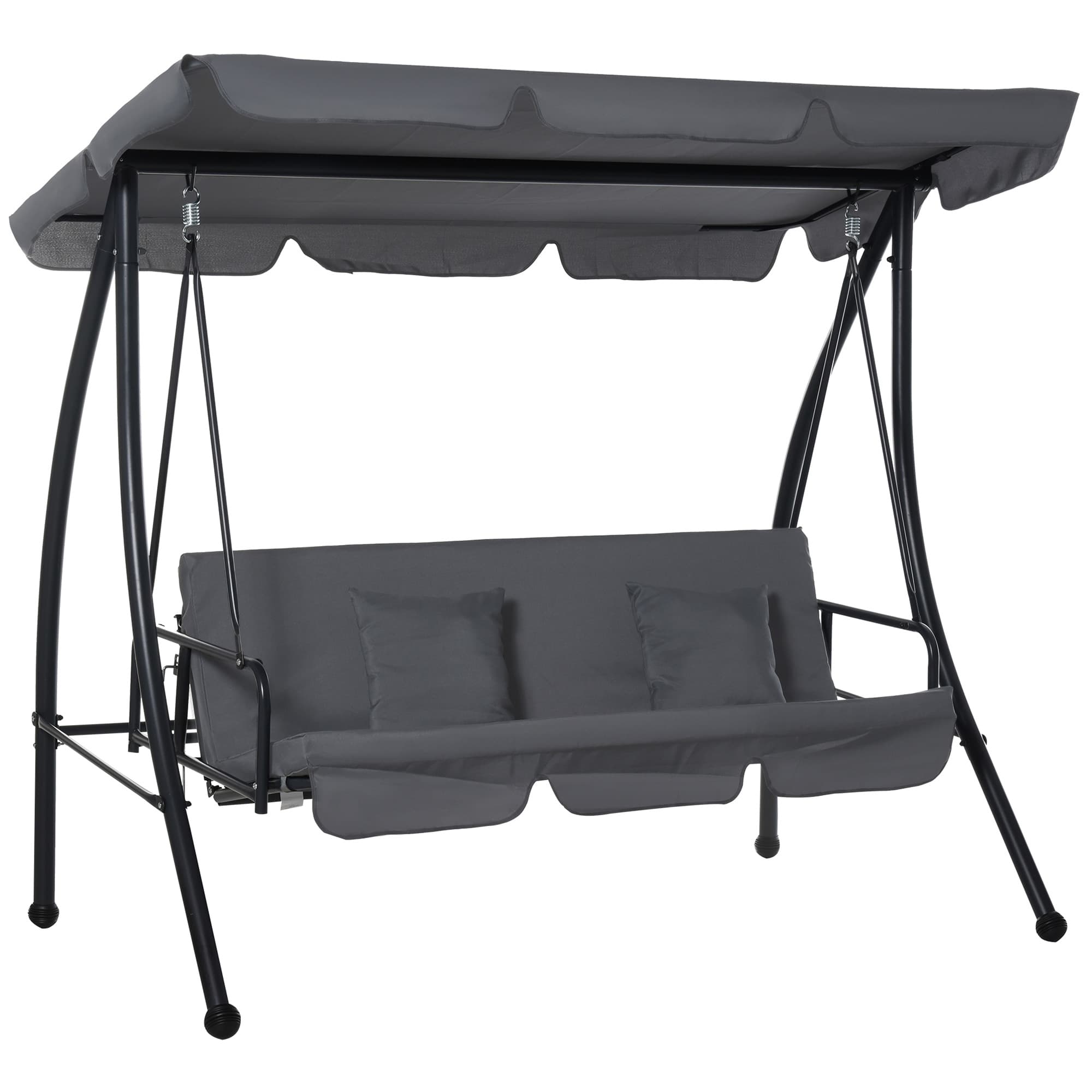 Outsunny Waterproof 2-in-1 Patio Swing Chair Lounger 3 Seater Garden Swing Seat w/ Convertible Tilt Canopy and Cushion, Dark Grey | Aosom UK