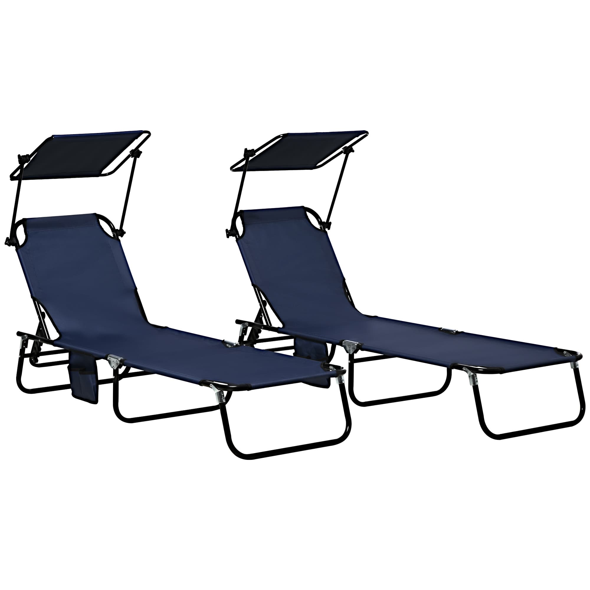 Outsunny 2 Piece Folding Sun Loungers with Canopy, Adjustable Recliner Garden Chairs with Side Pocket for Outdoor, Pool, Beach, Garden, Dark Blue