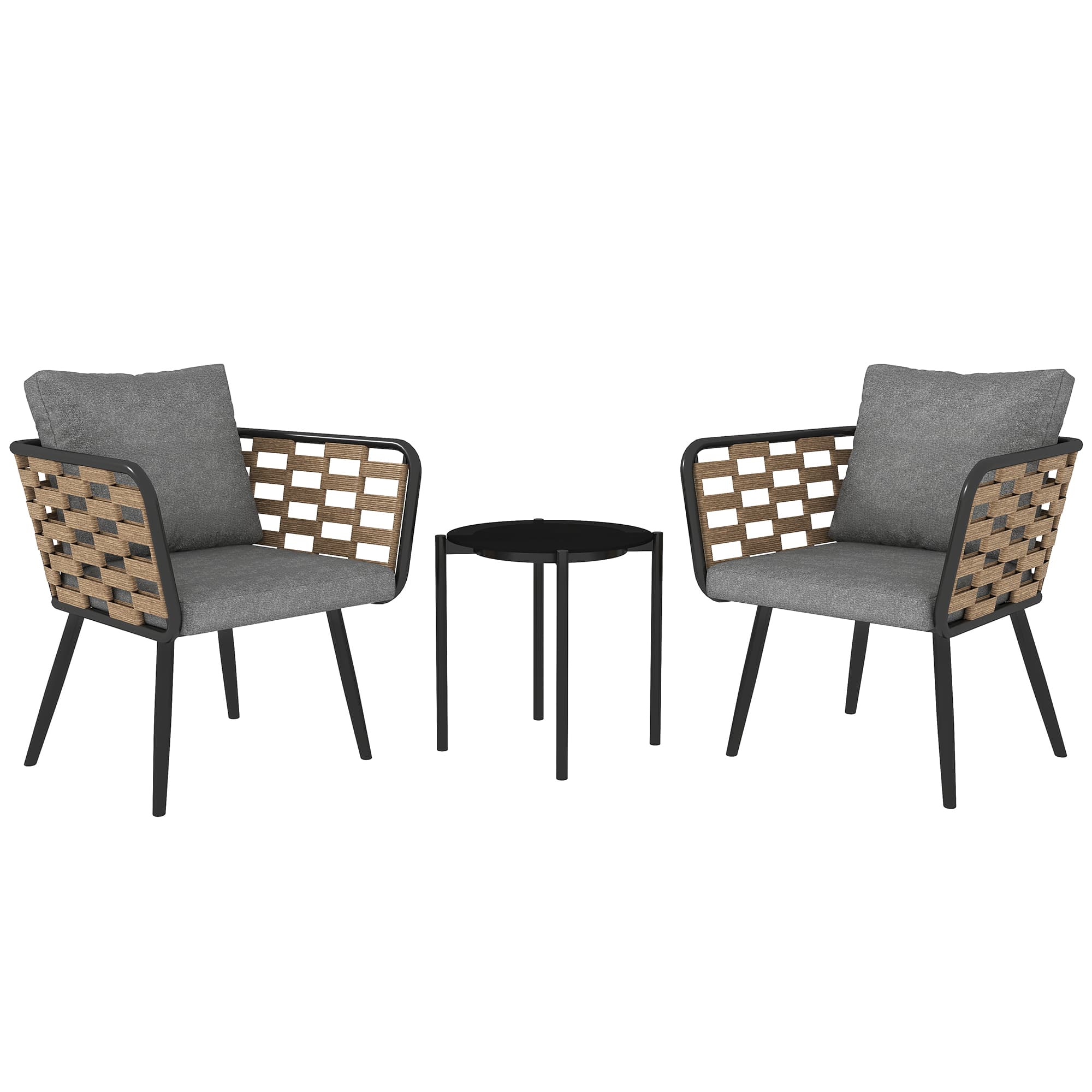 Outsunny 3 Pieces Small Patio Furniture with Washable Seat and Back Cushions, Glass Top Coffee Table, Black | Aosom UK