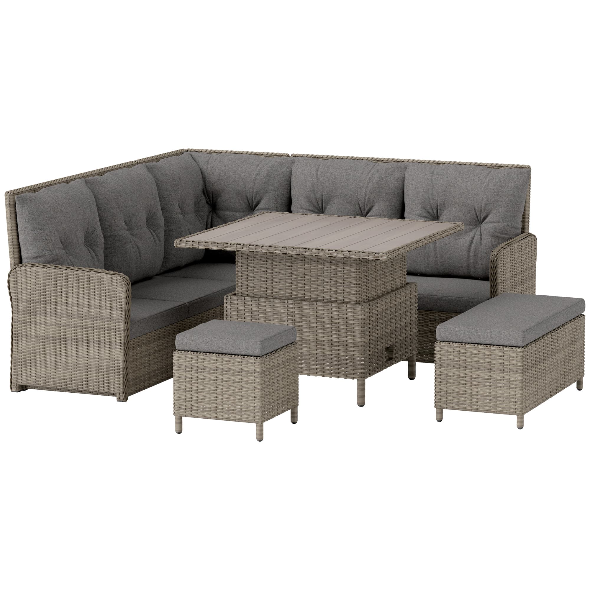 Outsunny 6 Pieces Outdoor PE Rattan Garden Furniture, Patio Wicker Sectional Conversation Corner Sofa w/ Liftable Coffee Table, Light Grey | Aosom UK