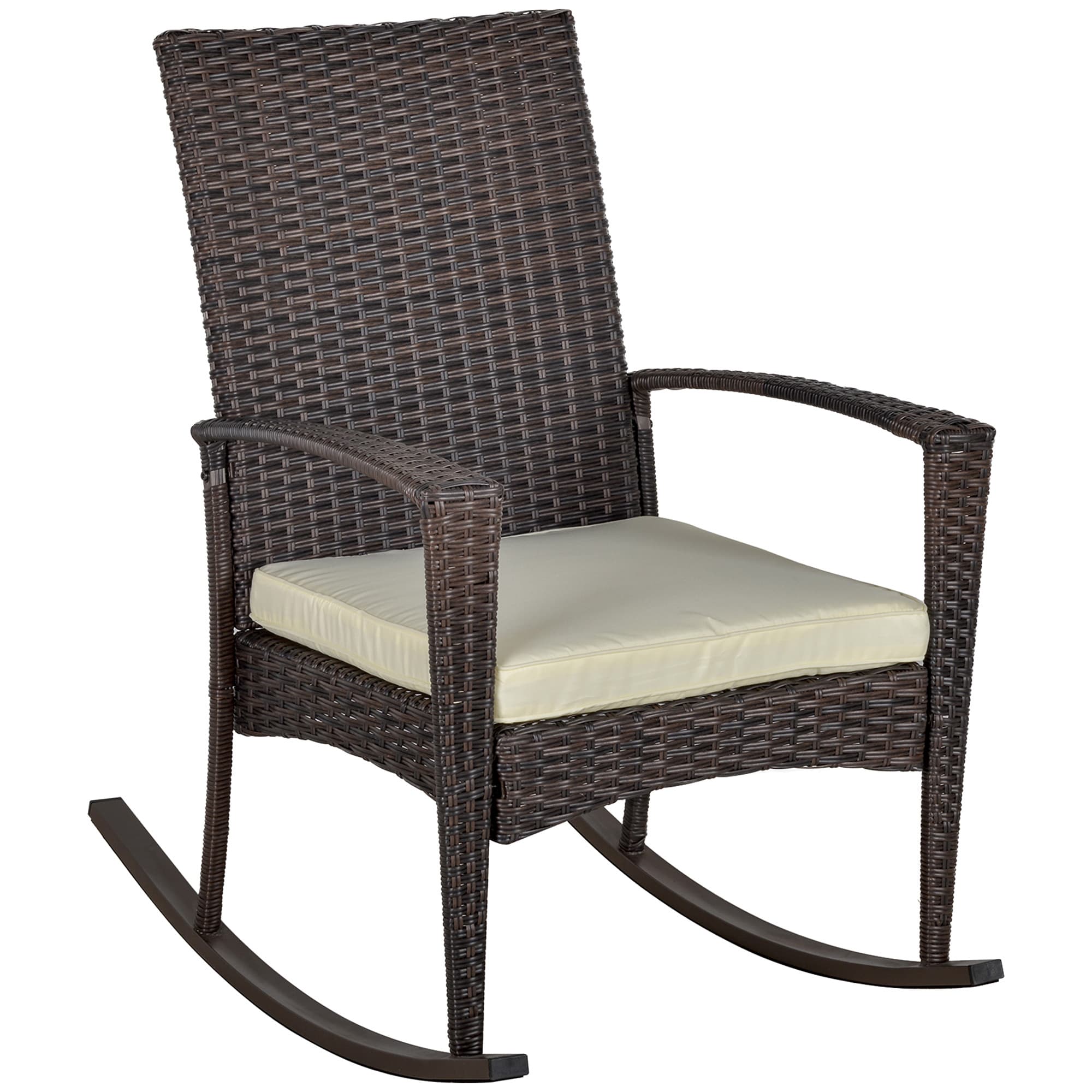 Outsunny Rattan Rocking Chair Rocker Garden Furniture Seater Patio Bistro Relaxer Outdoor Wicker Weave with Cushion - Brown