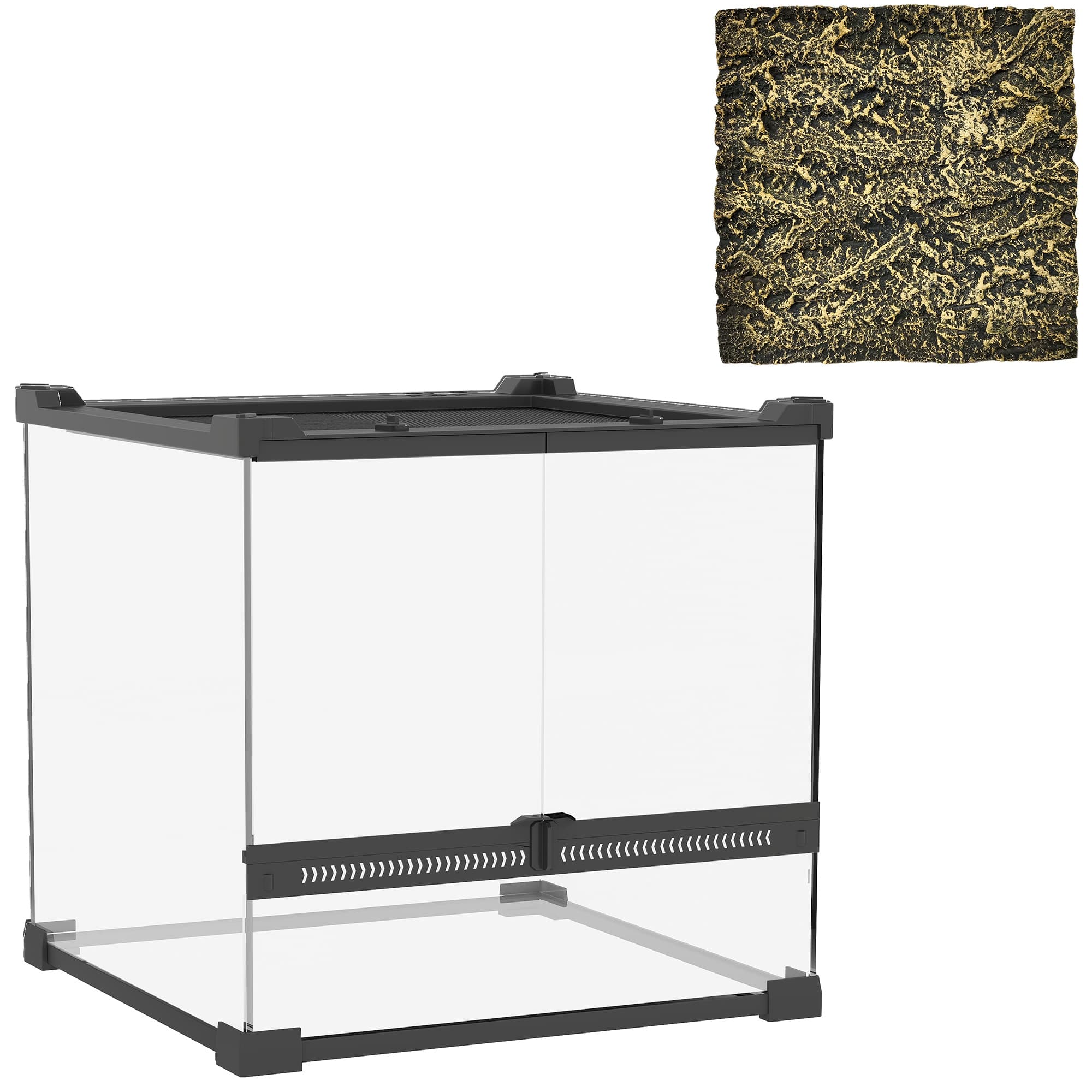 PawHut Reptile Glass Terrarium with Stone Background, Front Ventilation, Escape-Proof Knob Lock, 30 x 30 x 30 cm, Black
