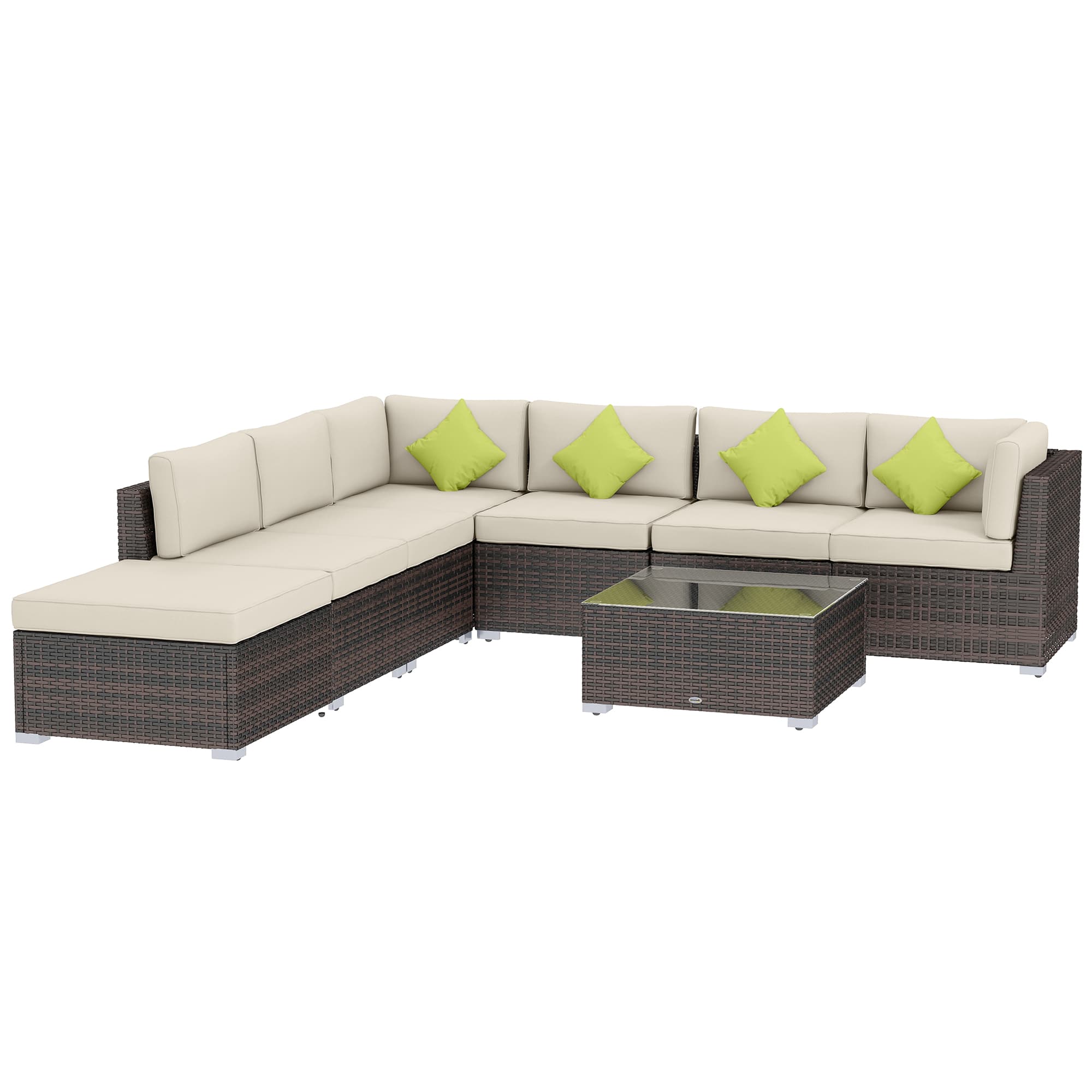 Outsunny 8pc Rattan Corner Sofa Set Rattan Garden Furniture with Thick Cushions and Glass Top Table, Mixed Brown | Aosom UK