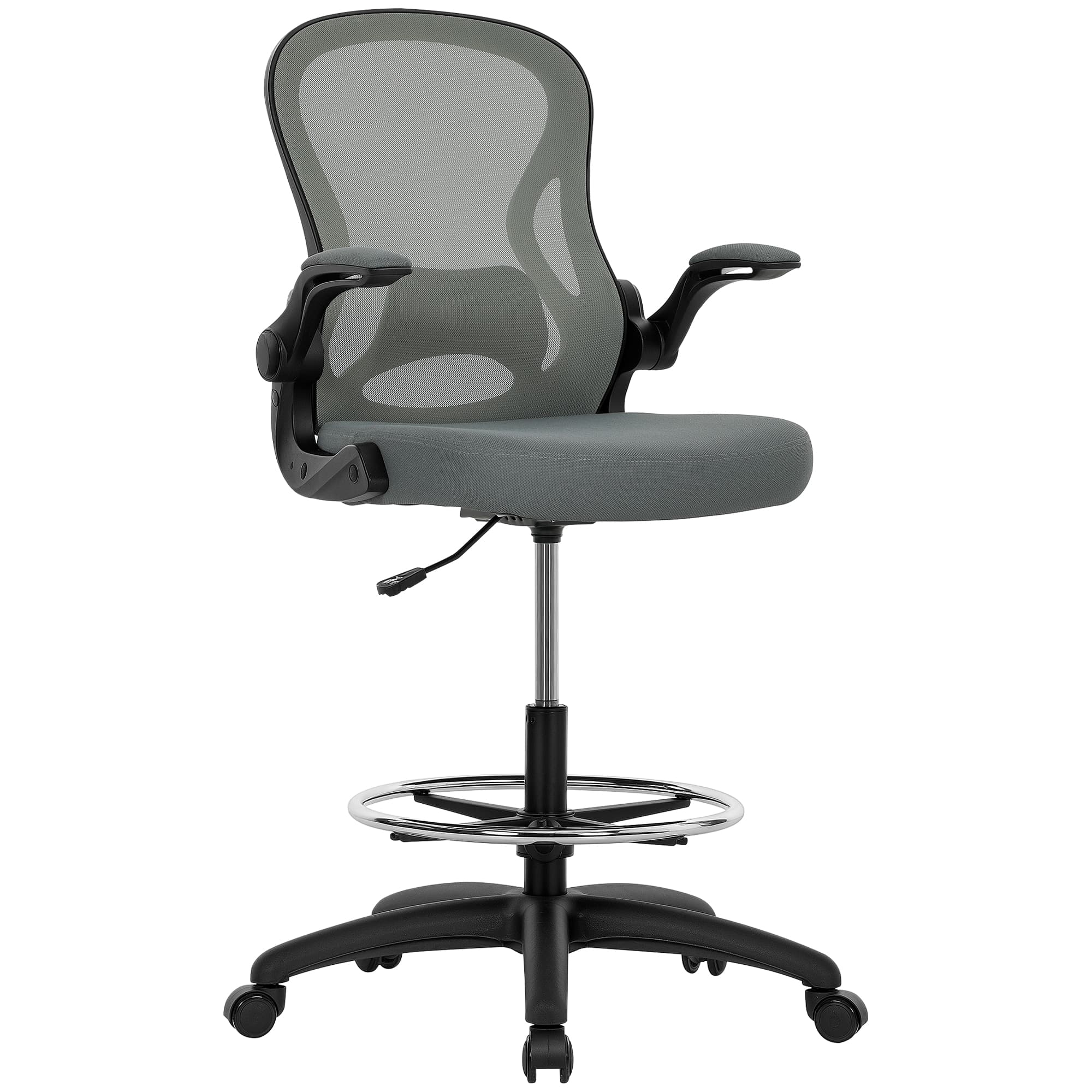 Vinsetto Draughtsman Chair with Flip-up Armrests, Mesh Standing Desk Chair with Lumbar Support and Adjustable Foot Ring for Bar Counter, Charcoal Grey