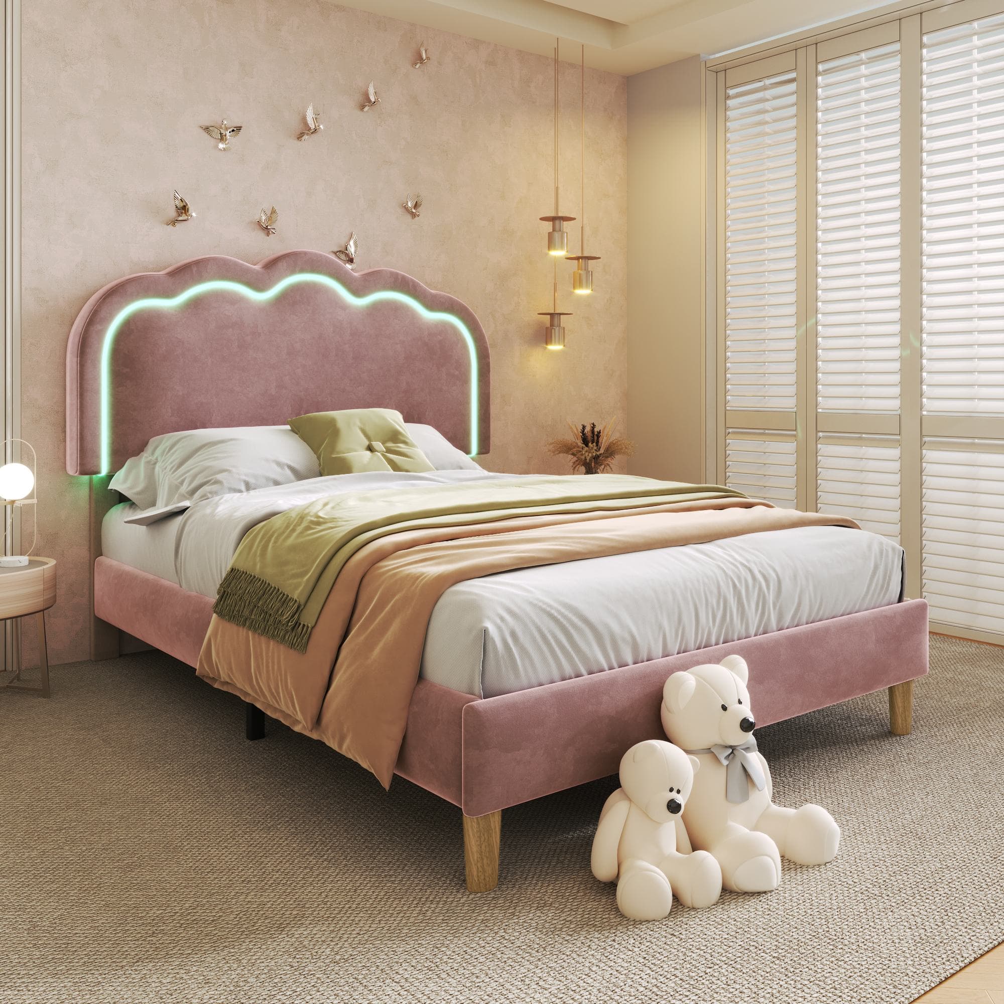 Upholstered Single Bed with LED Adjustable Headboard, Efficient Assembly, Velvet Bed Frame with Wooden Slats, 197L x 101W x 109H cm, Pink | Aosom UK