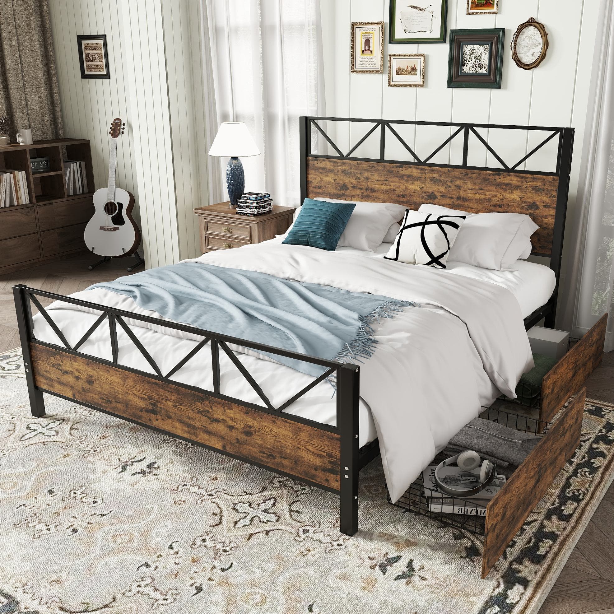 Minimalist Metal Double Bed with 2 Drawers, Sturdy Iron and MDF Frame, Storage Bed for Adults, Teenagers, 198L x 137W x 116H cm, Black+wood | Aosom UK