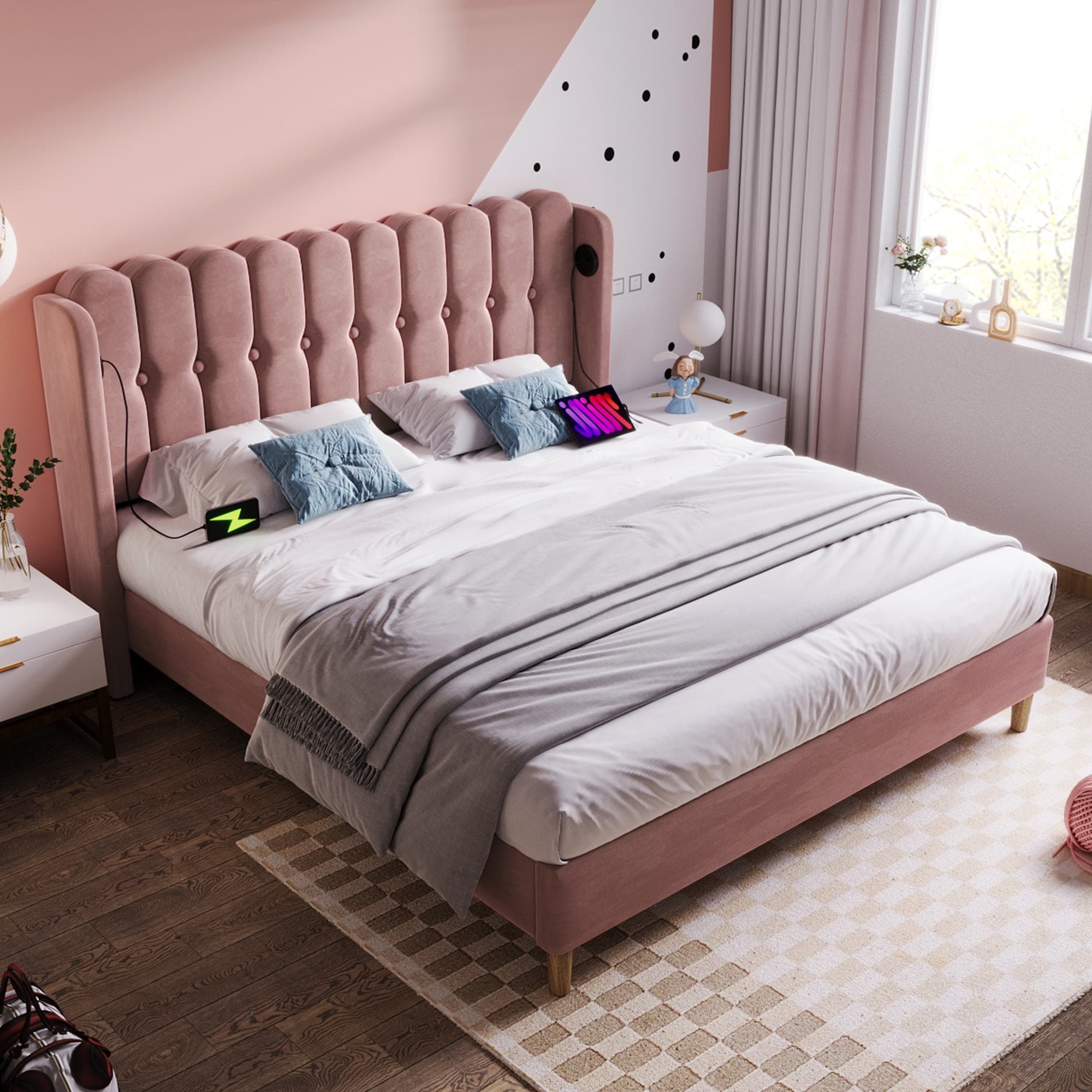 Upholstered Velvet Double Bed with USB and Type-C Charging Ports, Wooden Slatted Frame, Comfortable and Skin-Friendly Teenager Bed, Pink | Aosom UK