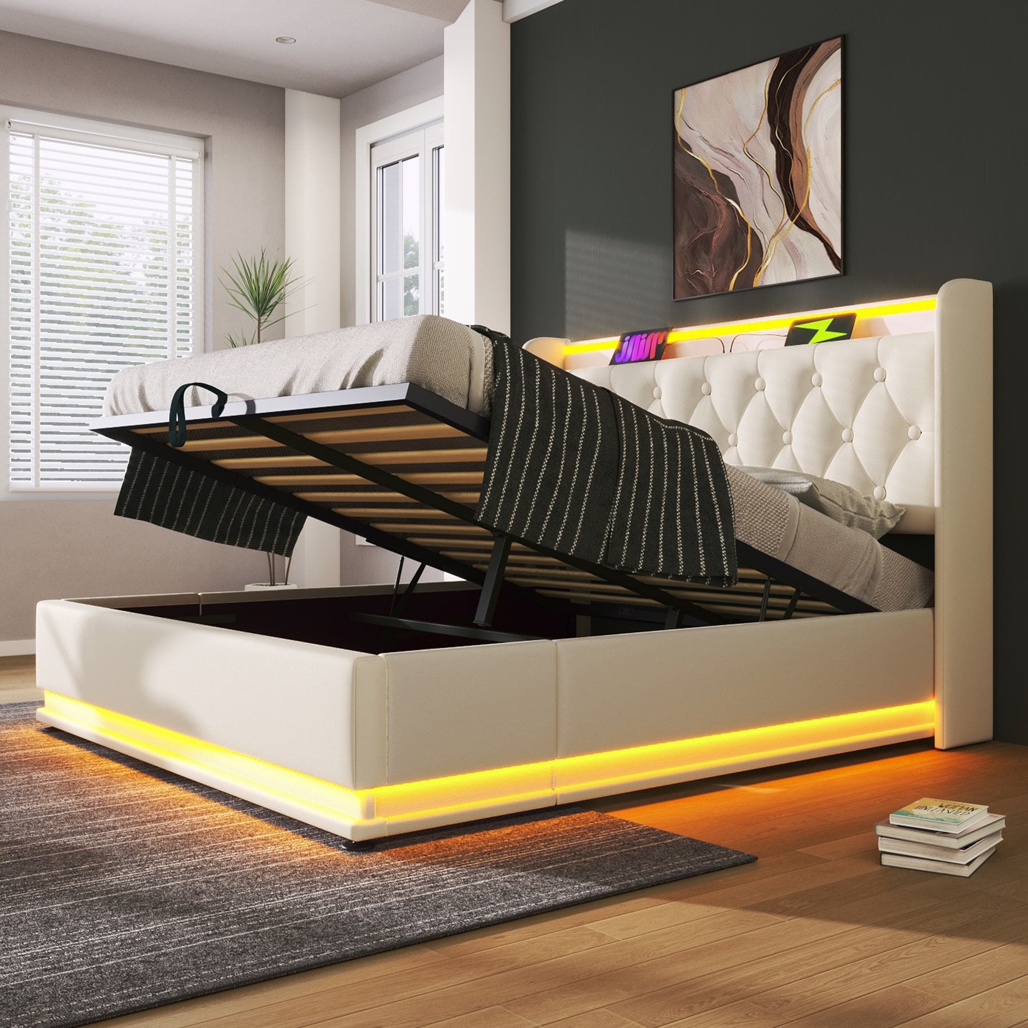 Upholstered Double Ottoman Bed with LED Light, USB Charging Port, Hydraulic Storage Bed Frame for Bedroom, 206L x 148W x 104H cm, White | Aosom UK