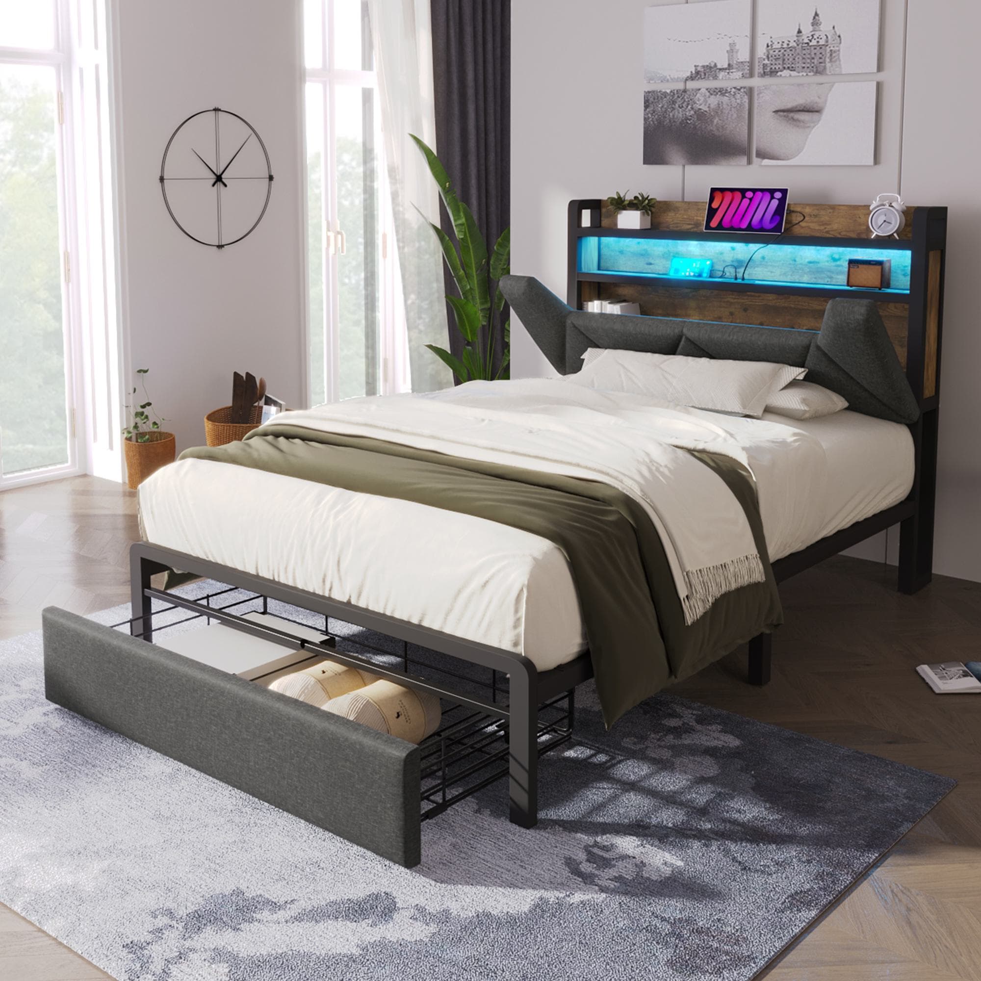 3ft Stylish Upholstered Single Bed with LED Lighting, USB Type-C Charging, Storage Bed with Headboard, Drawers, 208L x 92W x 110H cm, Grey | Aosom UK