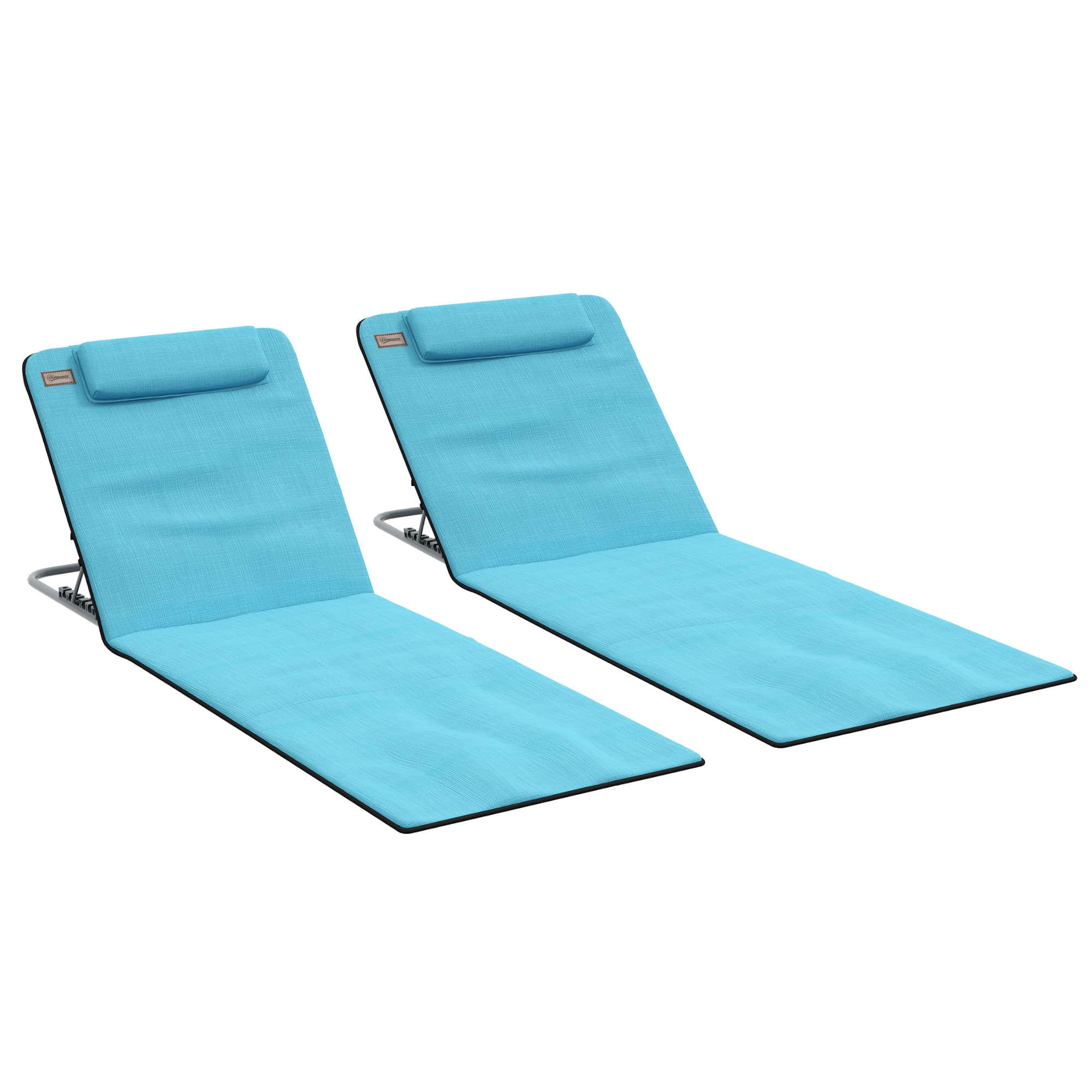 Outsunny Metal Frame PE Fabric 2 Pieces Outdoor Beach Reclining Chair Set w/ Pillow Light Blue | Aosom UK