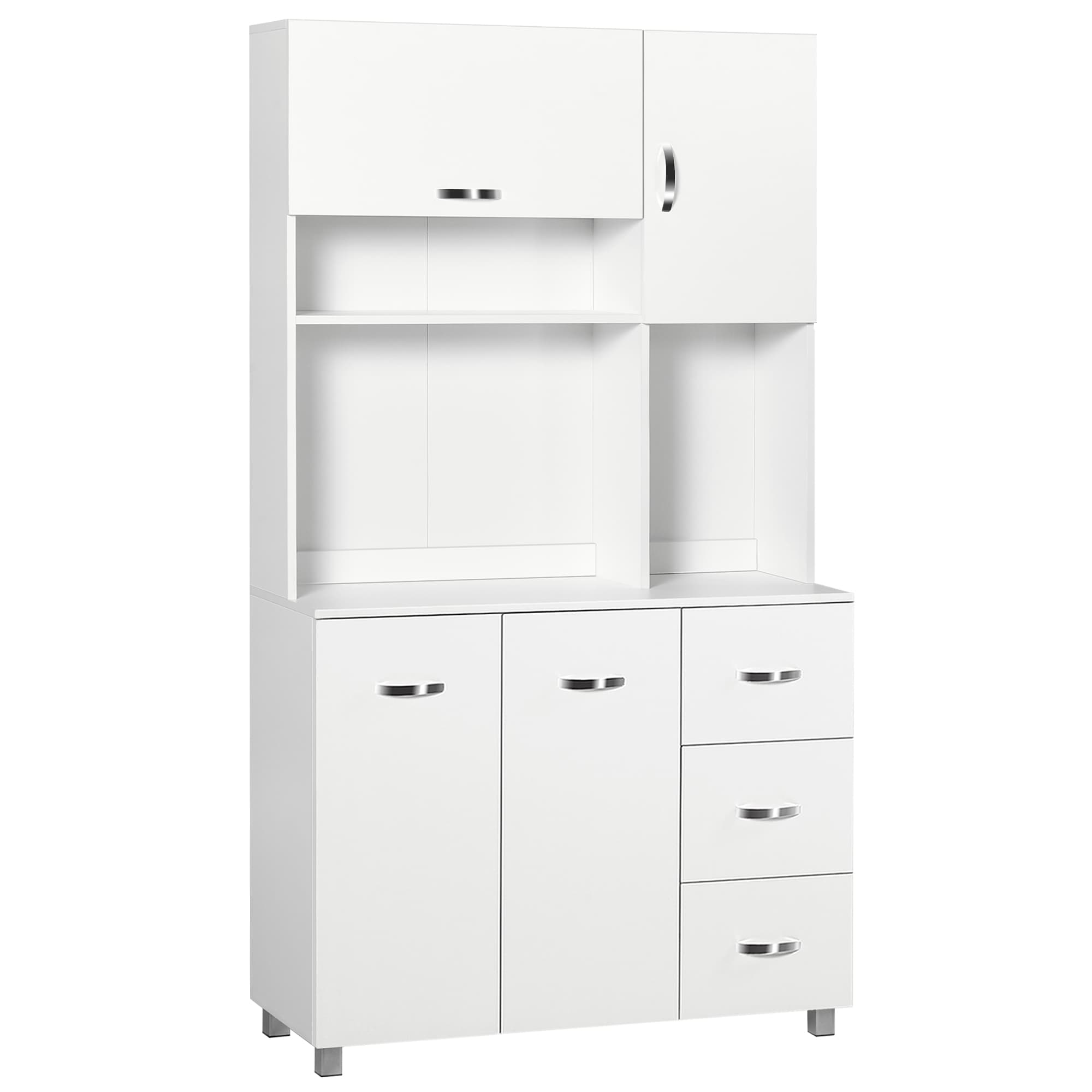 HOMCOM Freestanding Kitchen Storage Unit w/ Cupboard Cabinets Open Compartments Drawers Metal Handles Side Shelf Server Organisation Furniture White