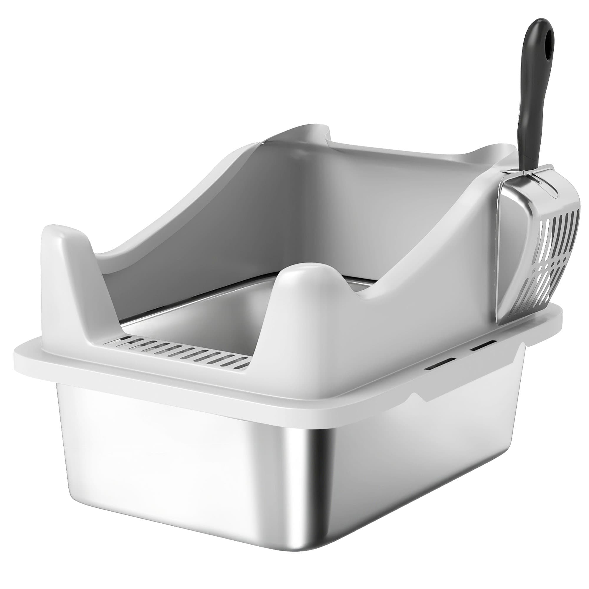 PawHut Stainless Steel Cat Litter Box with High Sides, Scoop, 43 x 33 x 25 cm