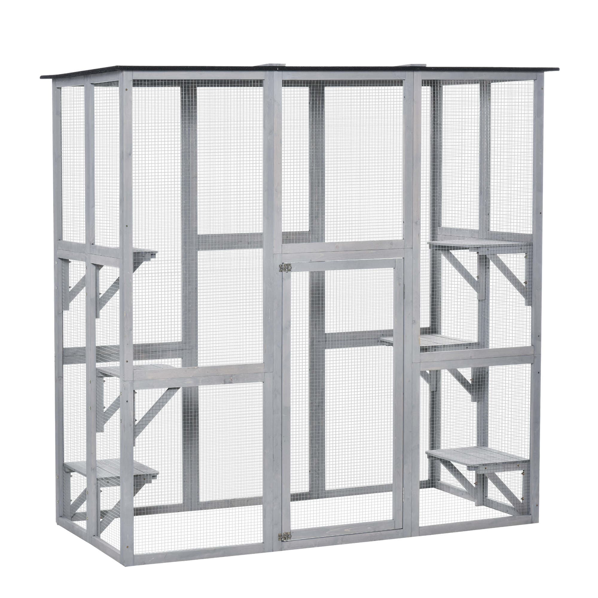 PawHut Wooden Catio Cat Outdoor Enclosure, Cat Cage with Waterproof Roof, Platforms, for Multiple Kittens, 180 x 98 x 180 cm