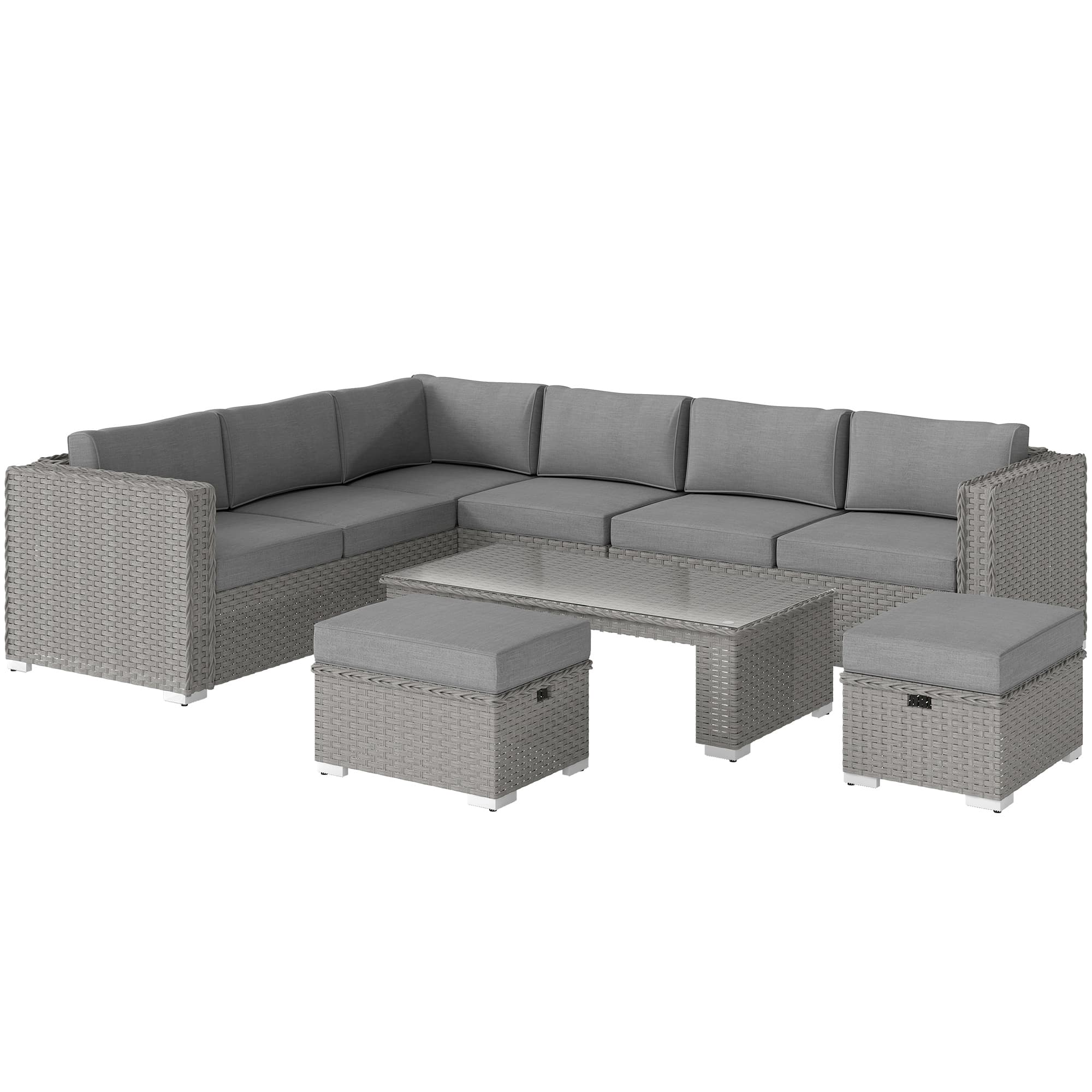 Outsunny 8-Seater PE Rattan Garden Corner Sofa Set Outdoor Wicker Conservatory Furniture Coffee Table Footstool, Grey | Aosom UK