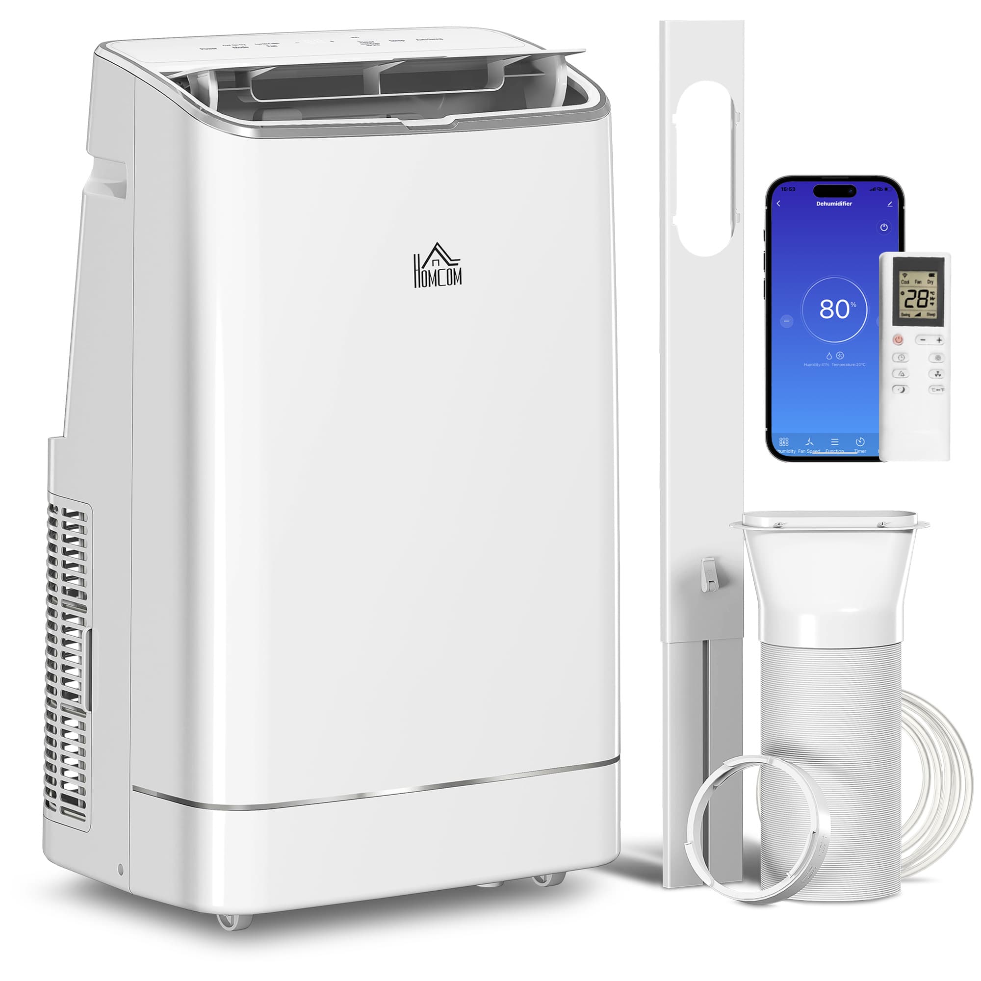 HOMCOM 14,000 BTU Mobile Air Conditioner, 35m², Smart Home WiFi, with Dehumidifier, Fan, 24H Timer, Window Kit, White | Aosom UK
