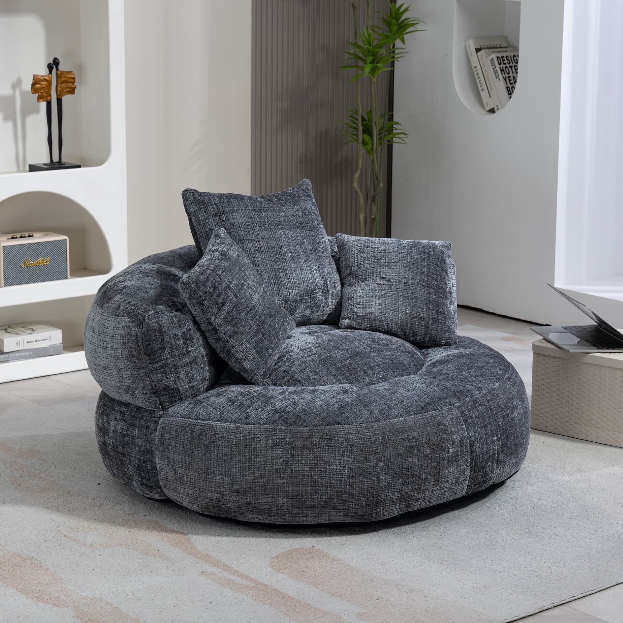 Skin-Friendly Chenille Bean Bag Chair with 3 Pillows, Memory Foam Filling, High Back Lounger for Adults, Kids, 108L x 108W x 52H cm, Gray | Aosom UK