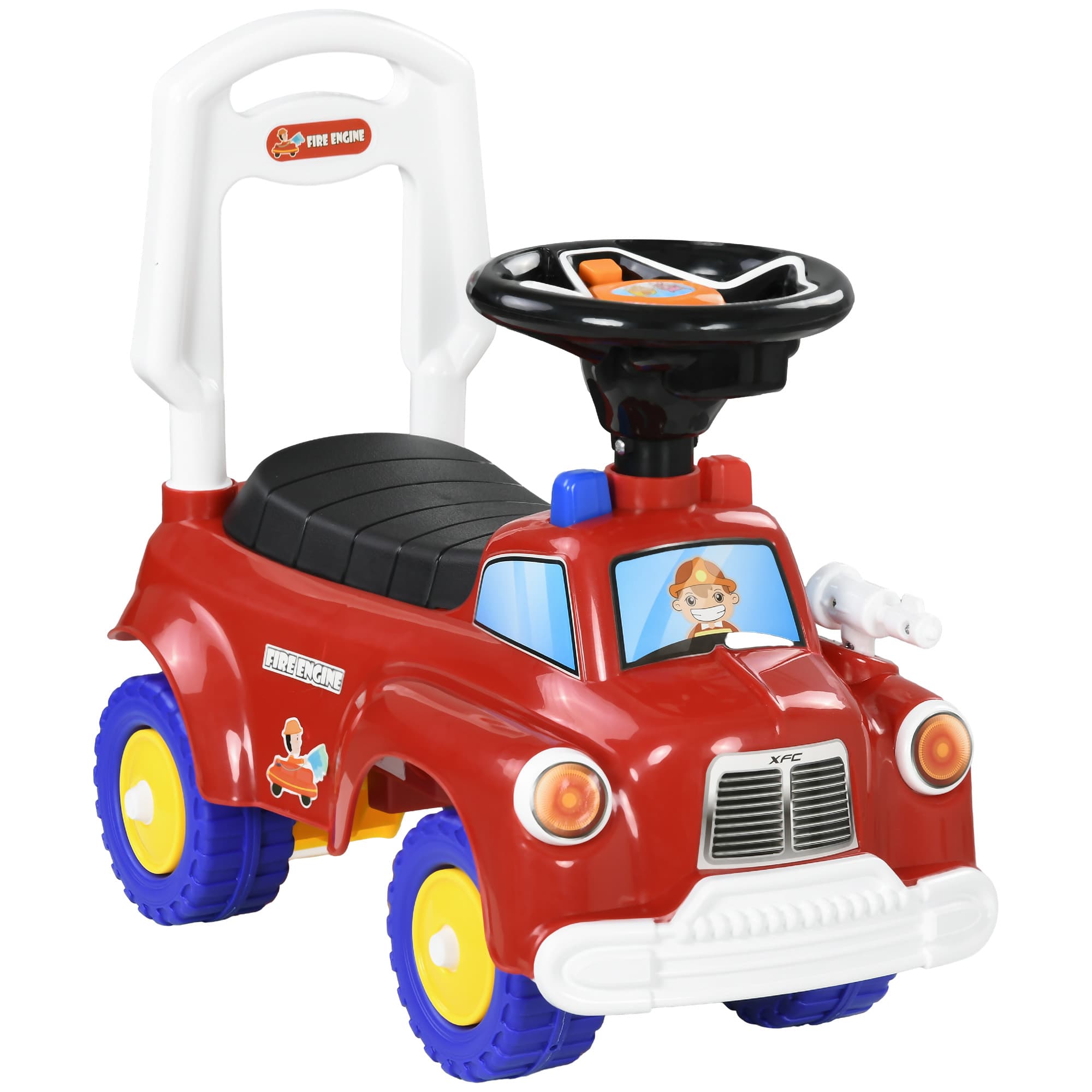 AIYAPLAY Ride On Fire Truck Foot to Floor Design with Under Seat Storage, Steering Wheel, Music, Light, for 1.5-3 Years, Red | Aosom UK