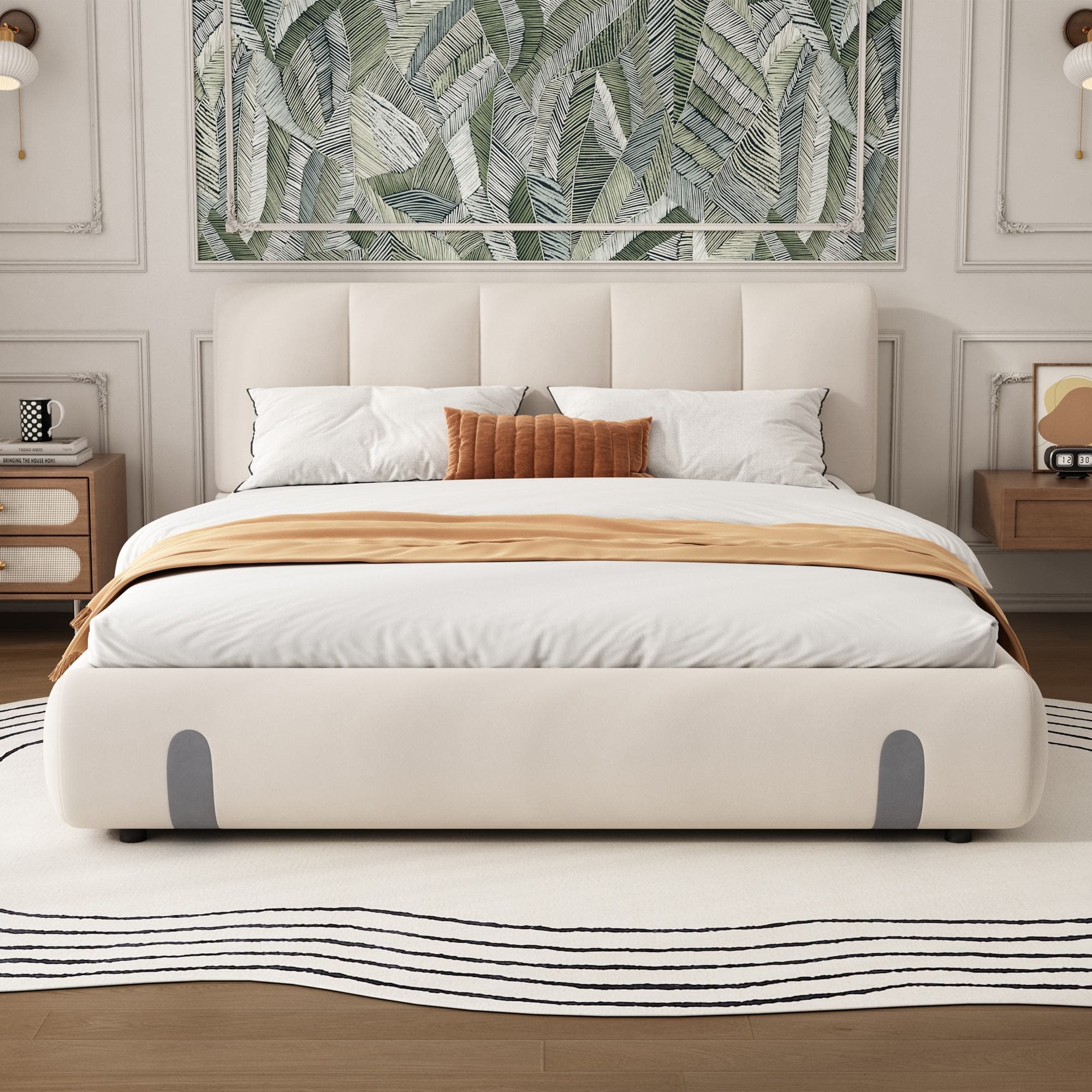 4ft6 Upholstered Double Bed with Durable Frame, Soft Headboard, Sturdy Slats, Velvet Bed for Adults, Teenagers, 213L x 152W x 89H cm, White | Aosom UK