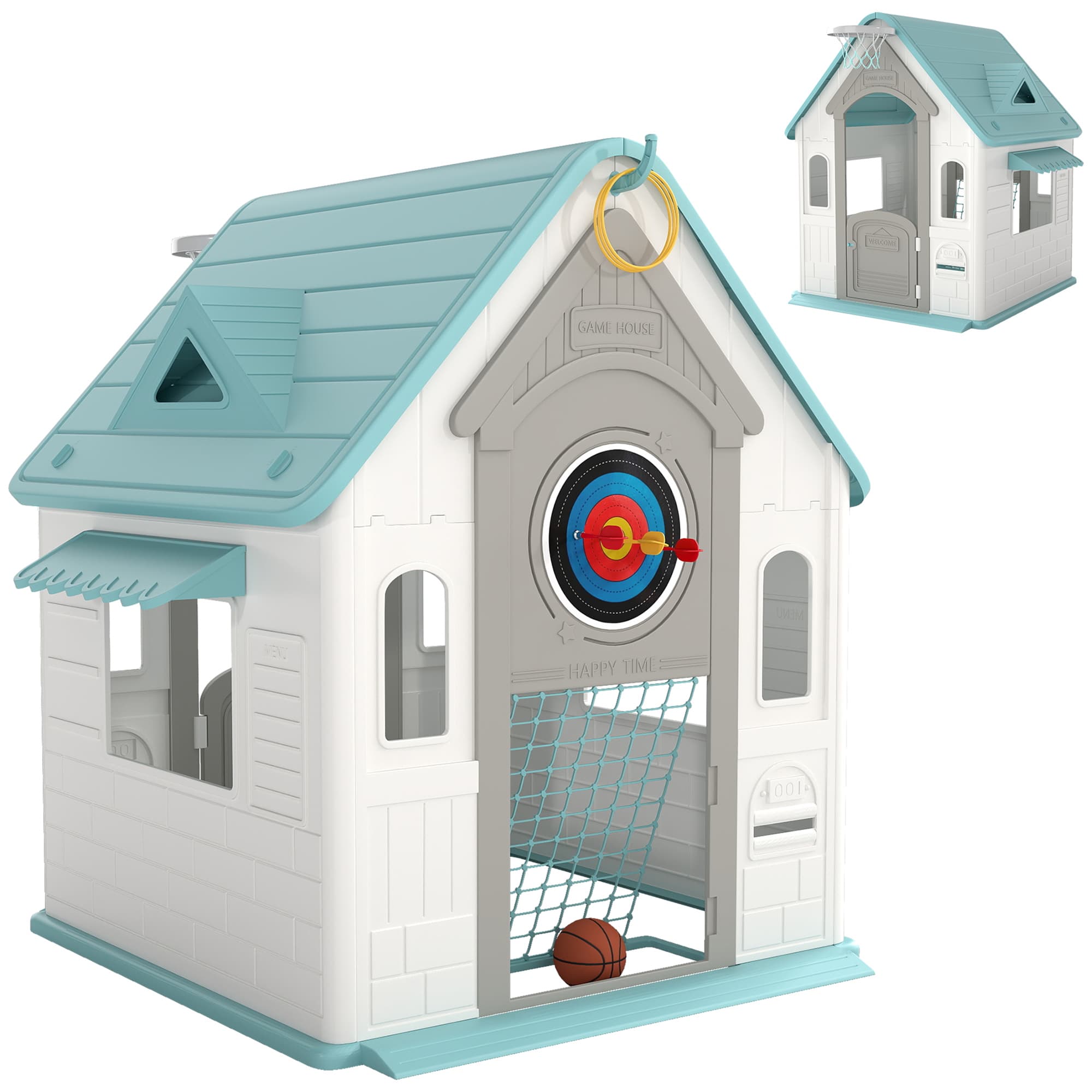 AIYAPLAY 5-in-1 Playhouse for Kids Outdoor Indoor with Basketball Hoop, Football Goal, Dartboard, Ring Toss for 2-5 Years, Beige