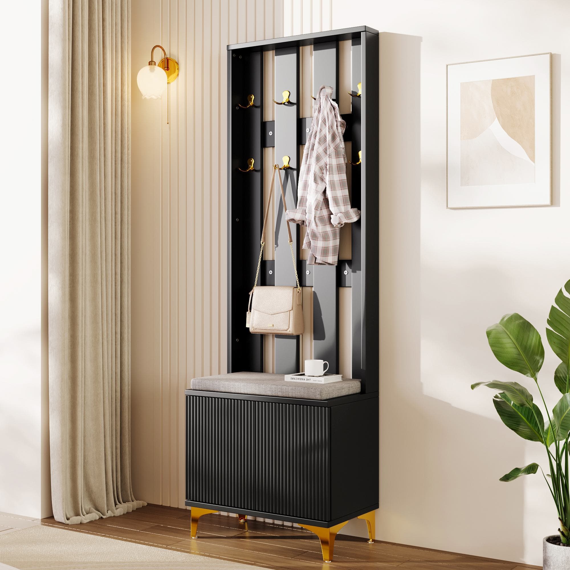 Elegant Wardrobe Set with Shoe Bench and Cushion, Adjustable Shelves, Closet Set Perfect for Entryway, 60.5L x 35W x 180.5H cm, Black | Aosom UK