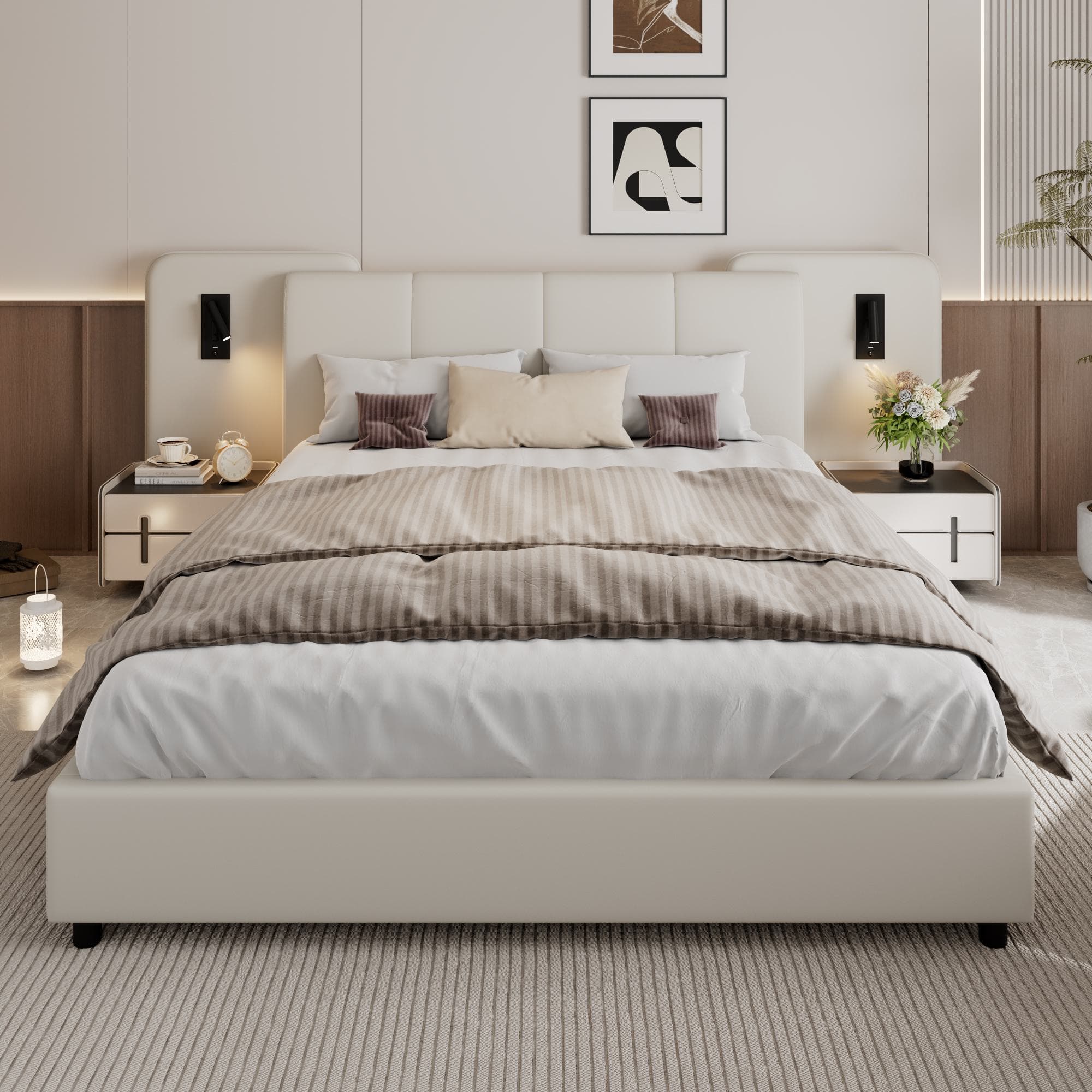 Upholstered Double Bed with Charging Port and Lighting, Headboard with Impact-Resistant Sponge Padding, 209L x 221W x 86.5H cm, Beige | Aosom UK