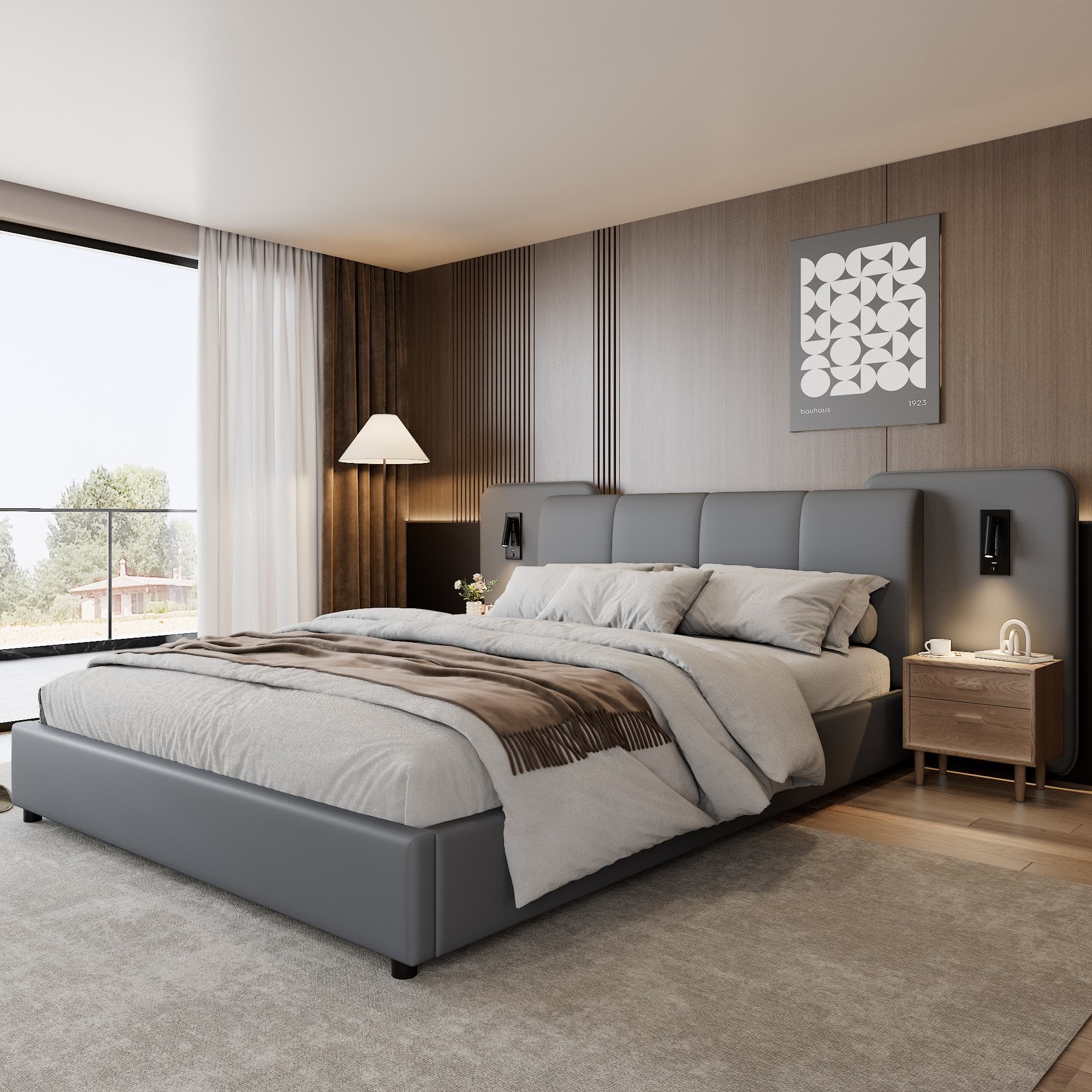 Upholstered Double Bed with Charging Port and Lighting, Full-Size Bed with Impact-Resistant Sponge Padding, 209L x 221W x 86.5H cm, Grey | Aosom UK