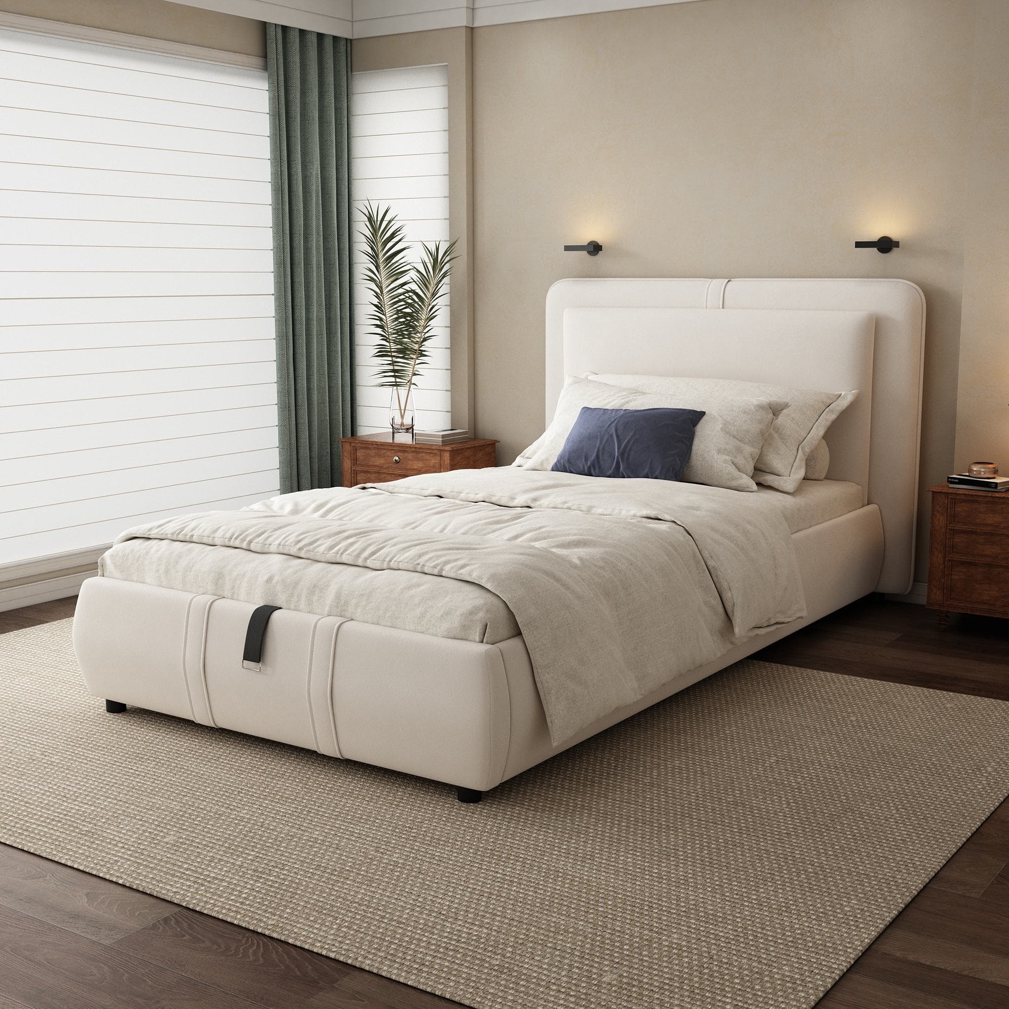 Upholstered Hydraulic Bed with Storage and Removable Headboard, Crafted Headboard with Velvet and Plywood, 210L x 110W x 90H cm, Beige | Aosom UK