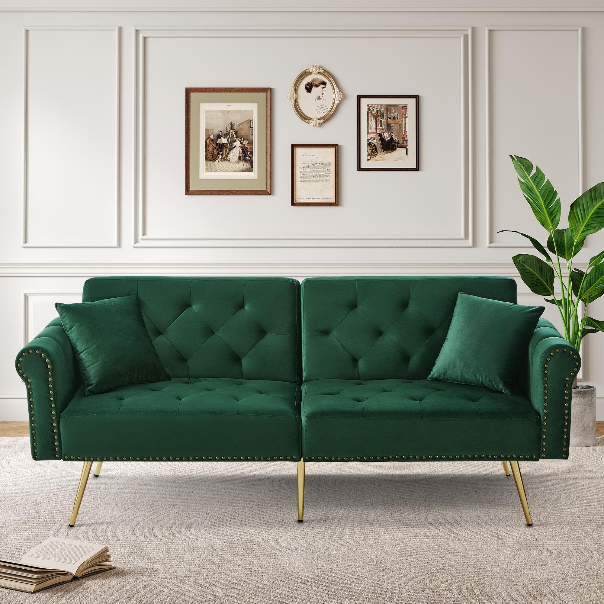 2-Seater Modern Sofa Bed with Velvet Upholstery and Adjustable Backrests, Daybed Perfect for Living Room, 177L x 74W x 71H cm, Green | Aosom UK