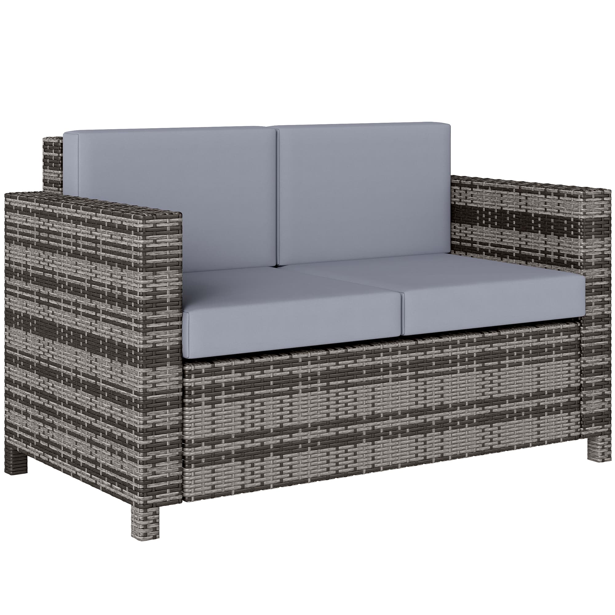Outsunny 2 Seater Garden Furniture, Rattan Sofa with Soft Padded Cushion and Armrests, Wicker Garden Loveseat for Patio, Mixed Grey