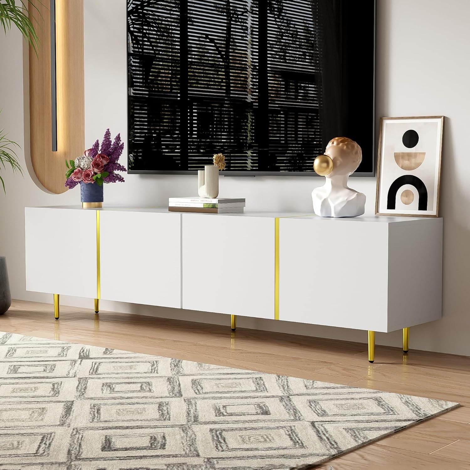 High-gloss TV Cabinet with 4 Soft-close Doors, Generous MDF Storage, Durable TV Stand for Elegant Living Room, 170L x 35W x 46H cm, White | Aosom UK