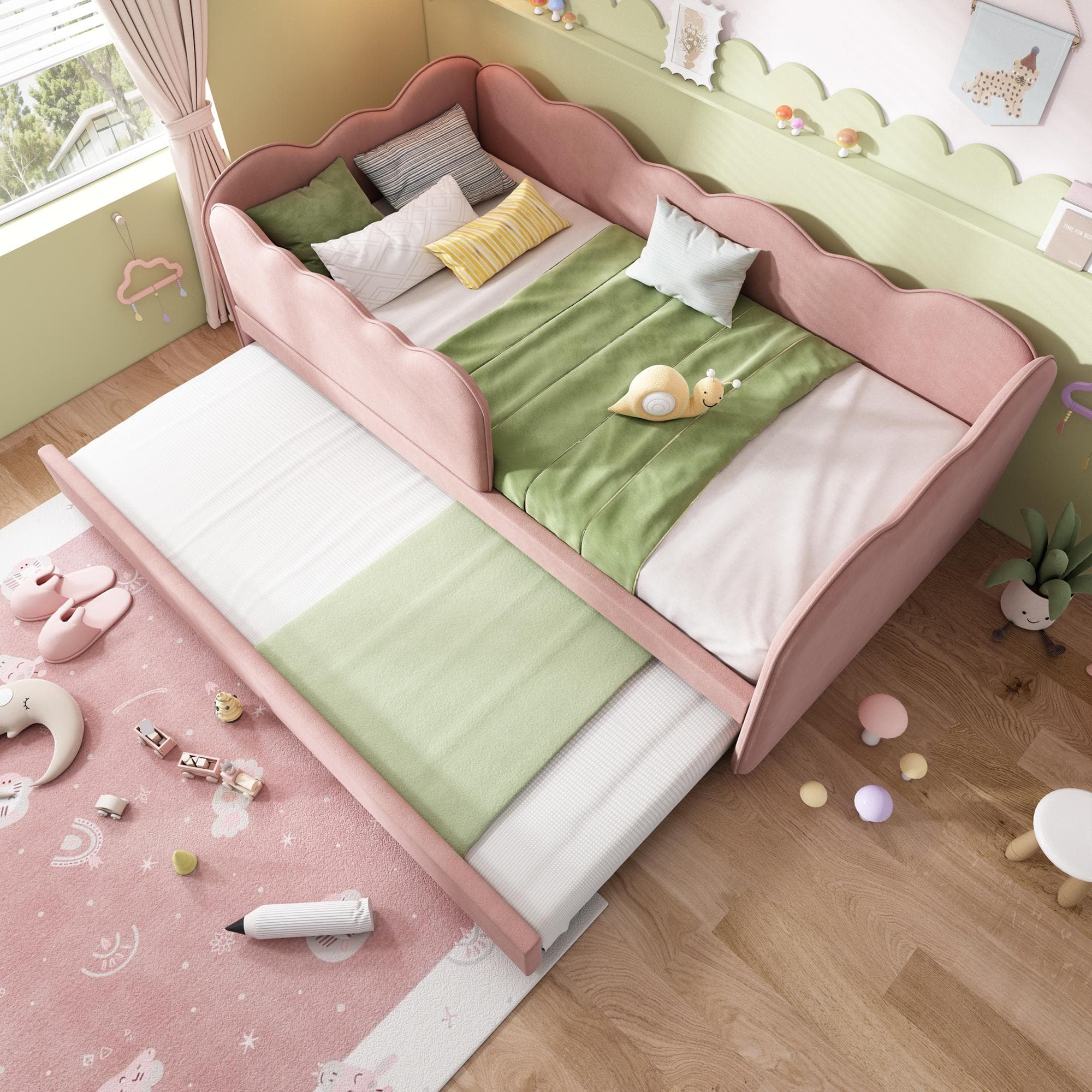 Upholstered Daybed with Pull-Out Trundle, Iron Frame and 2 U‑Shaped Bars, Bed Frame with Thick Foam Backrest, 197L x 99W x 70H cm, Pink | Aosom UK