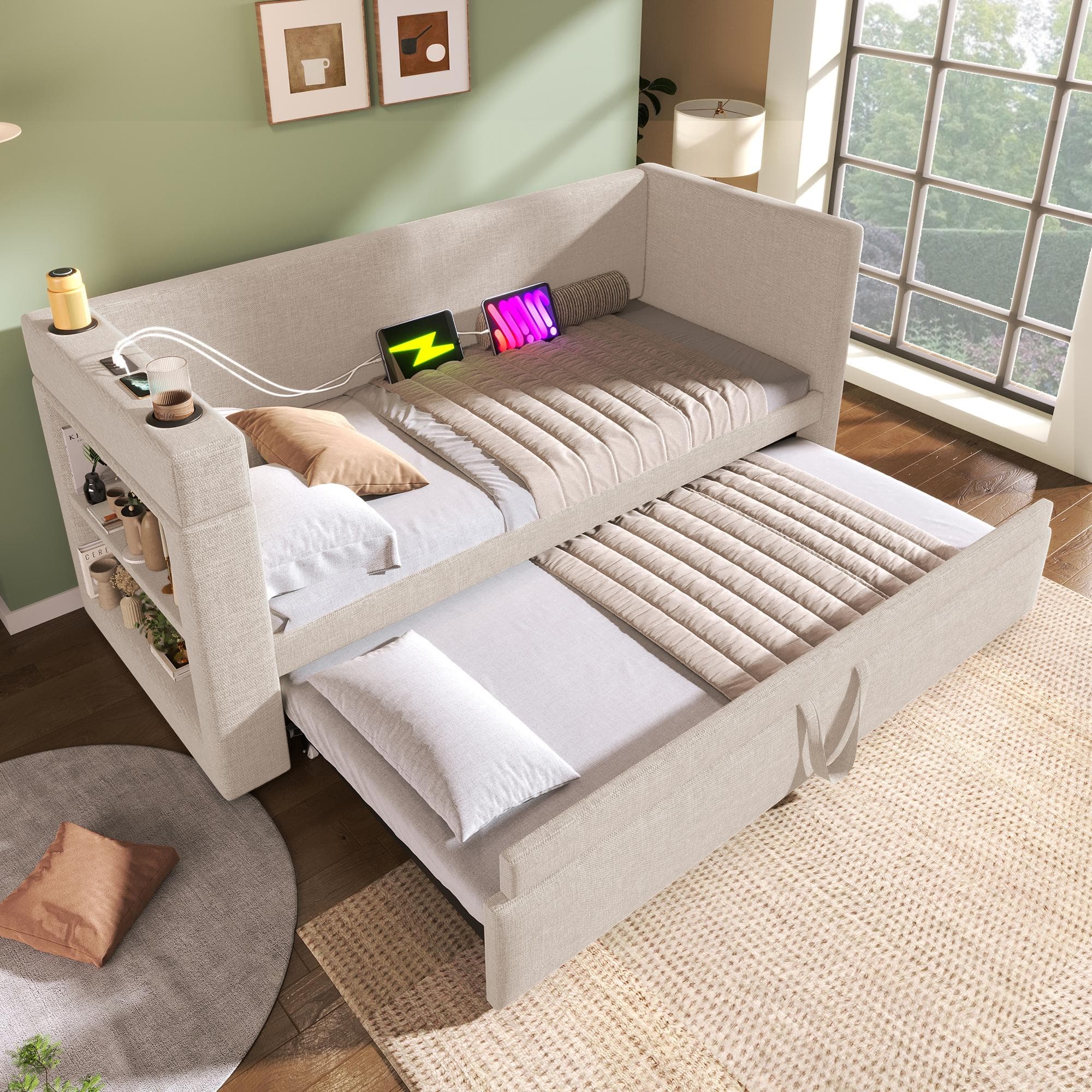 3ft Upholstered Daybed With Cup Holders, 3 USB and Type‑C Charging Ports, Single Sofa Bed for Compact Room, 207L x 98W x 74H cm, Beige | Aosom UK