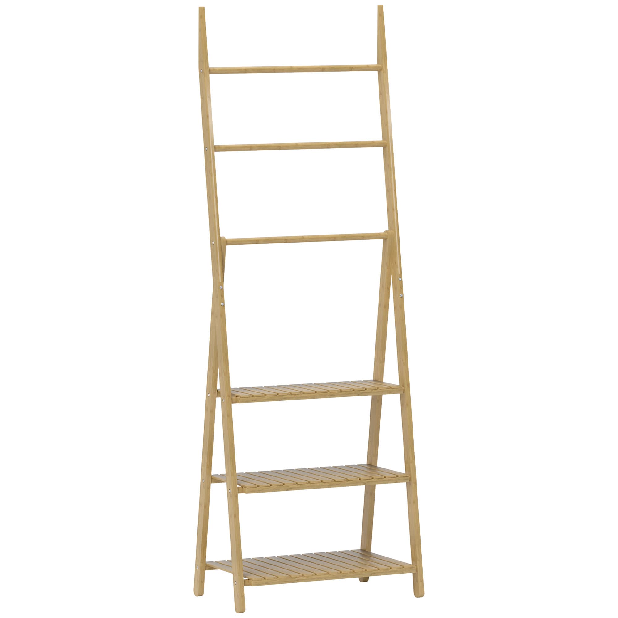 HOMCOM Three-Shelf Bamboo Storage Unit, with Towel Racks - Natural Finish