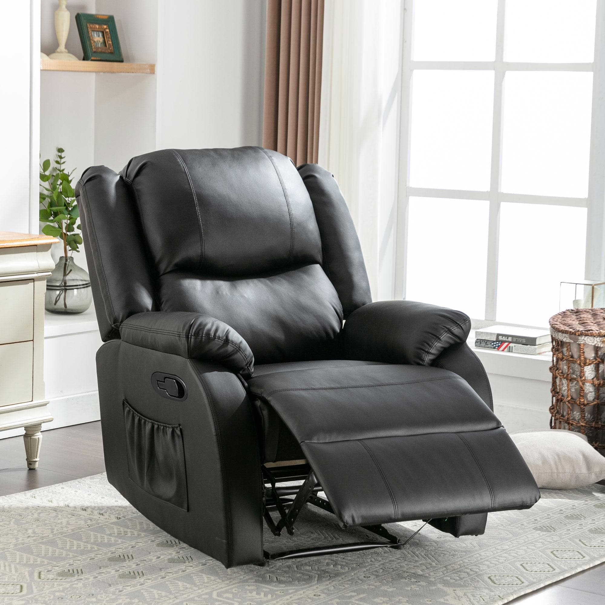 Adjustable Pull‑tab Recliner with Side Storage Pocket, Padded Cushions, High‑back Armchair for the Elderly, 82L x 86W x 99H cm, Black | Aosom UK