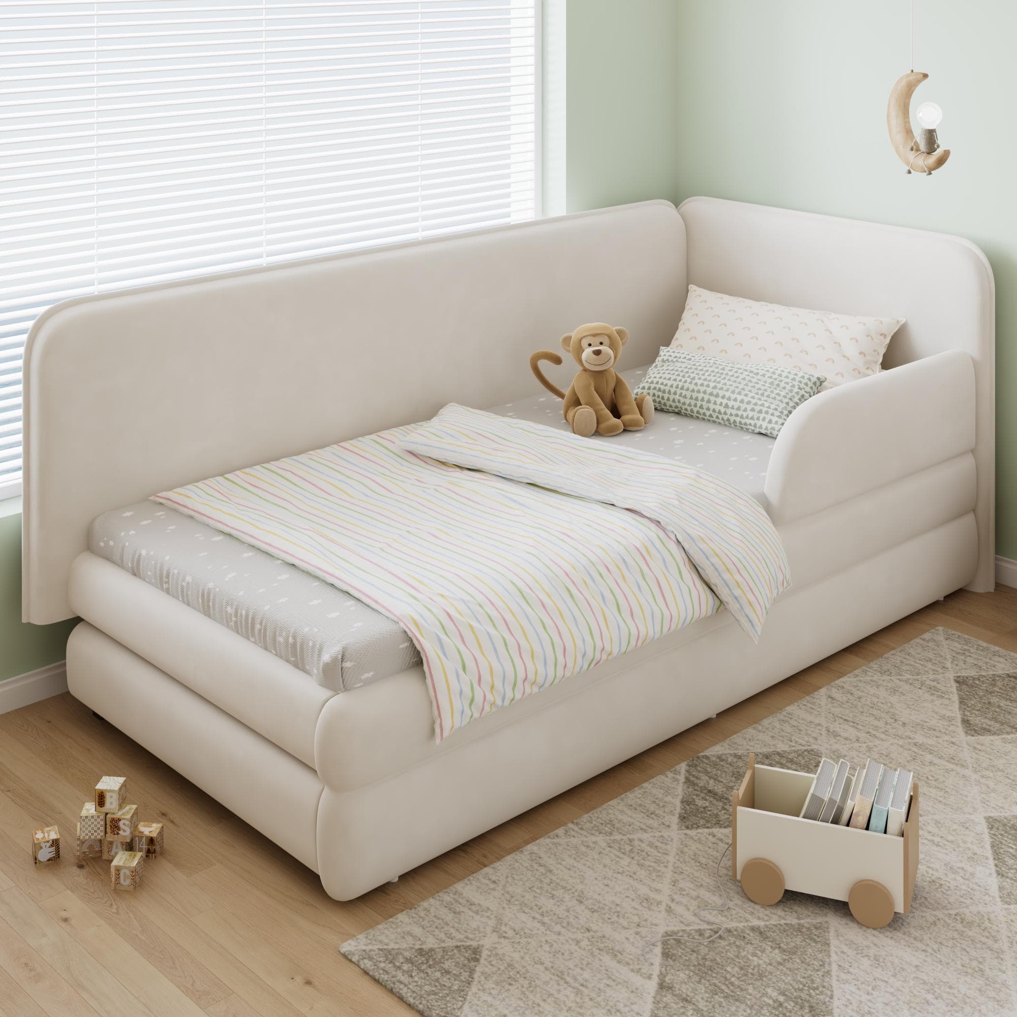 Upholstered 3ft Single Bed with Drawer and Fitted Side Rails, Velvet Upholstery Daybed for Compact Room, 205.5L x 80W x 98H cm, Beige | Aosom UK