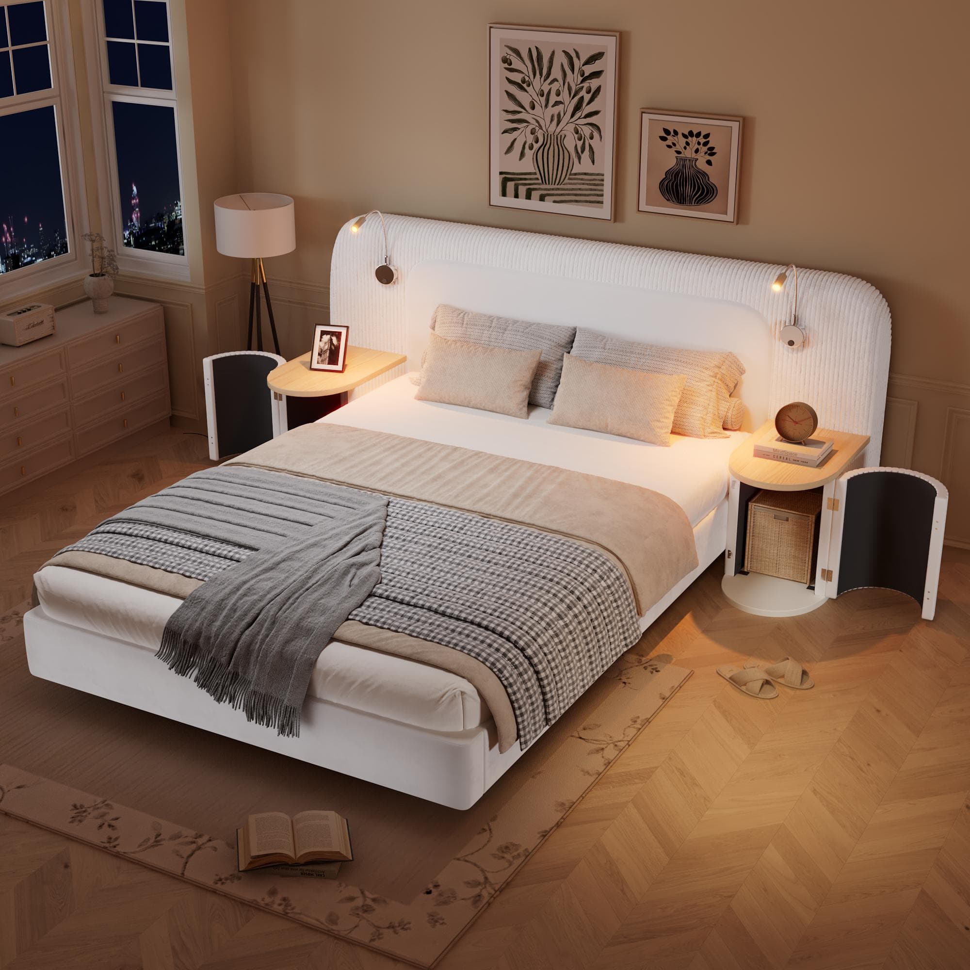 Upholstered 4ft6 Double Bed with Built‑in Bedside Reading Light, Bedside Table, Sleeper for Living Room, 205L x 91W x 200.5H cm, Beige | Aosom UK
