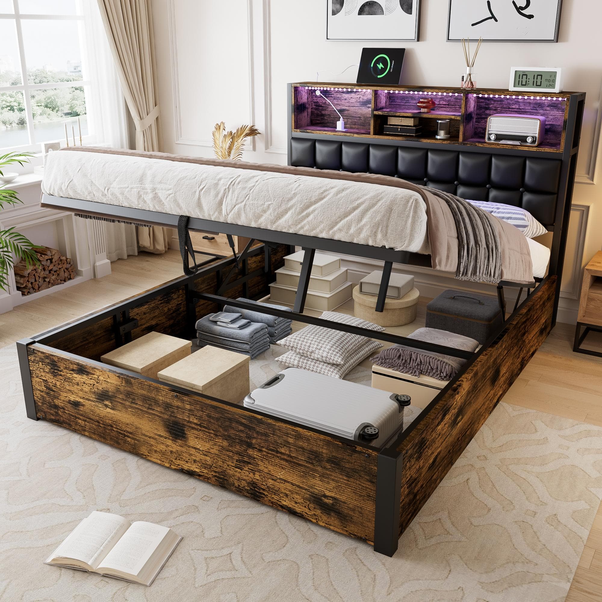Hydraulic Storage Bed with Charging Sockets and LED Strip, Double Bed with Hydraulic Storage, 208L x 141W x 107H cm, Black+Neutral | Aosom UK
