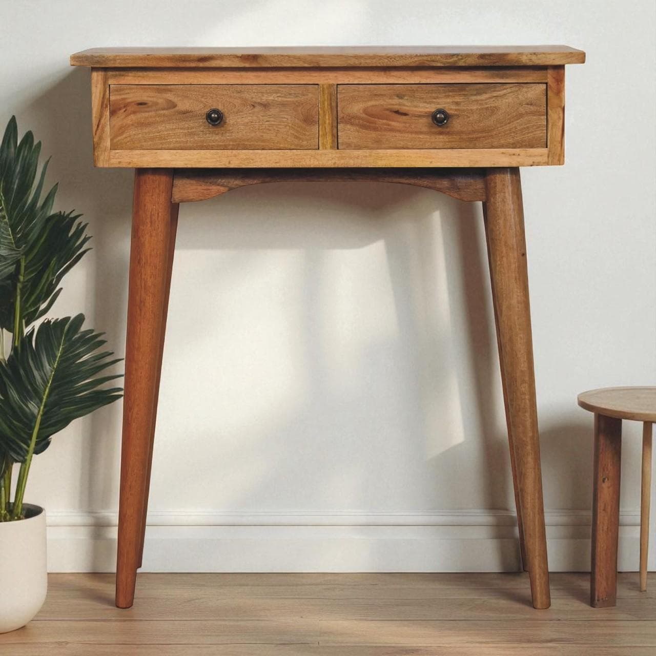 Narrow Console Table, Oak-Effect Finish, 2 Drawers, Circular Silhouette,, 30L x 70W x 78H cm, Brown | Aosom UK