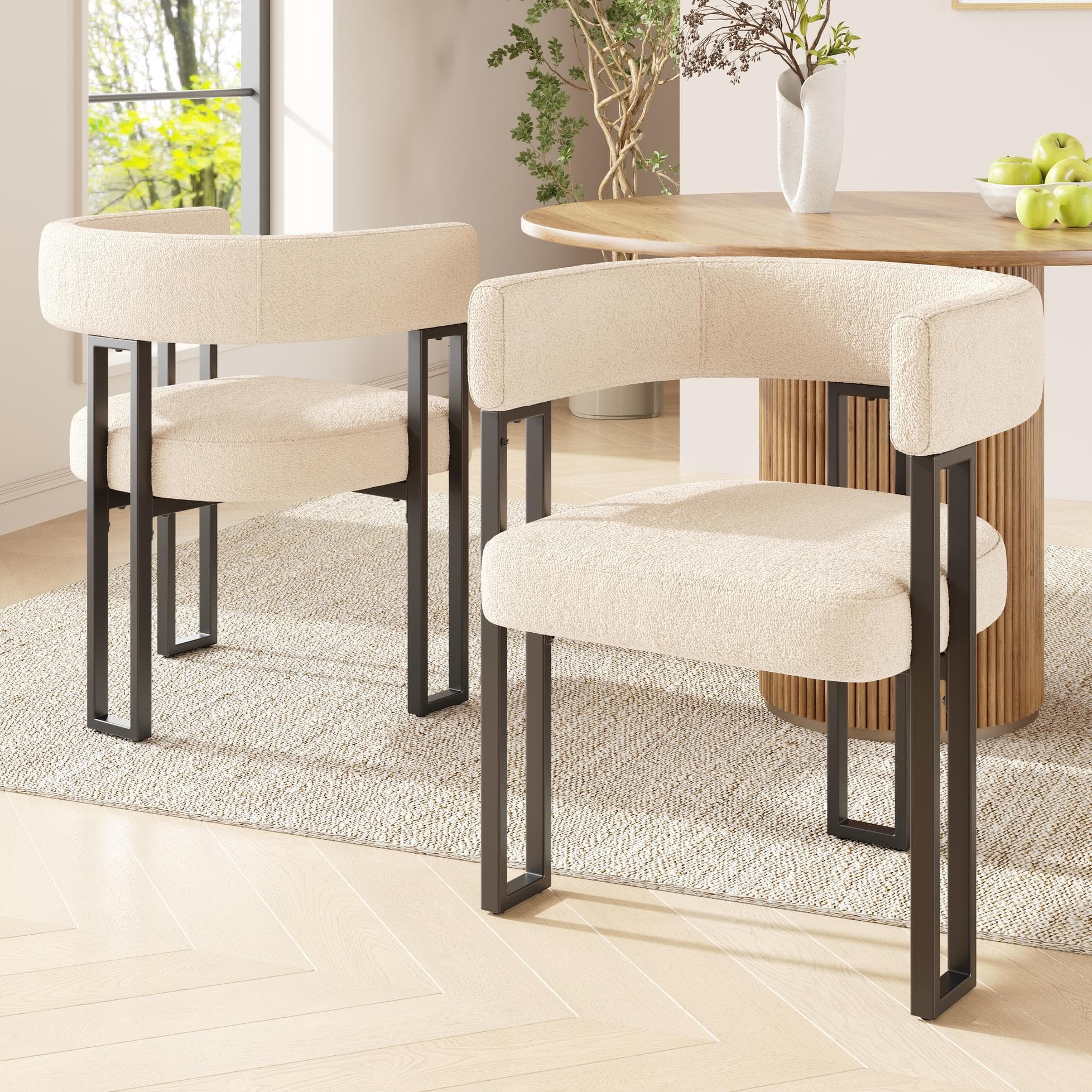 2-Piece Flannel Fabric Dining Chairs with Curved Backrest and Thick Plush Seat, Kitchen Chairs with Metal Legs, 51.5L x 54W x 72H cm, Beige | Aosom UK