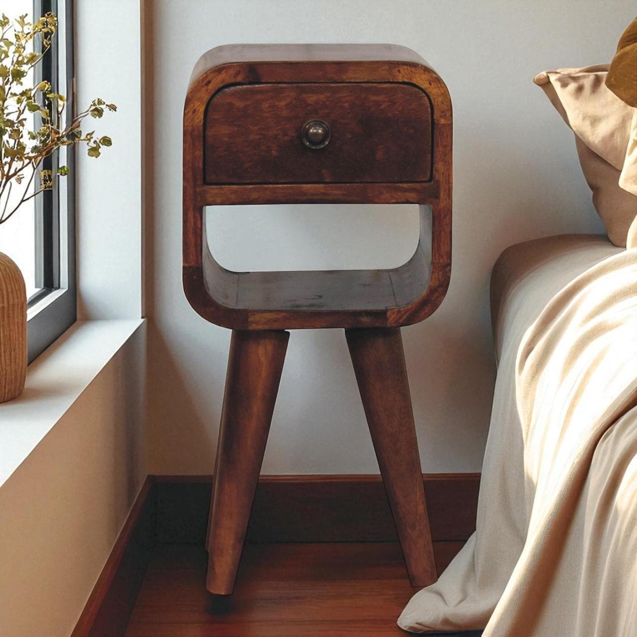 Solid Mango Wood Nightstand, Drawer & Open Shelf, Mini Bedside Table for Bedroom, 20L x 20W x 40H cm, Brown | Aosom UK