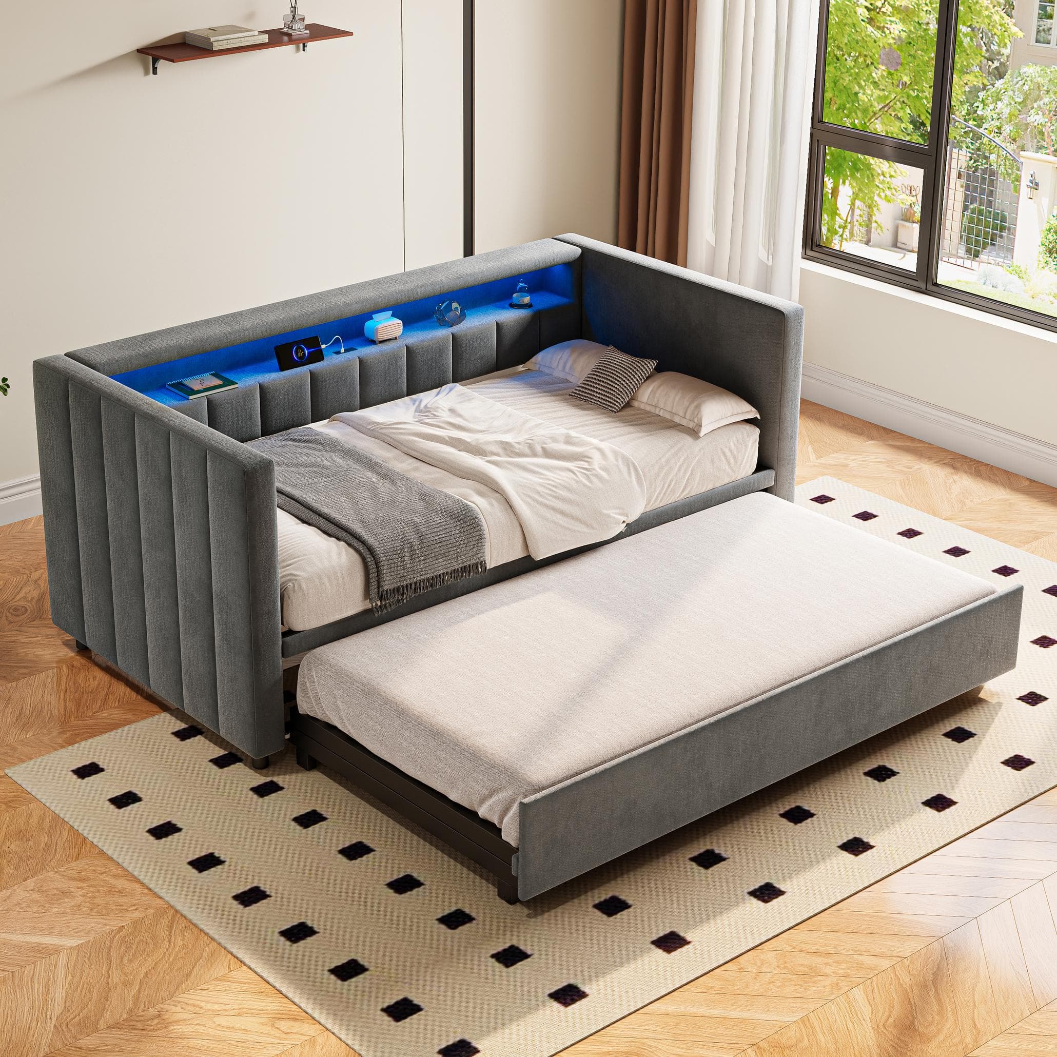 Space-Saving Pull-Out Double Bed with USB Type-C Charging and LED Lighting, Sleeper Sofa with Sturdy Wood, 201L x 100W x 73H cm, Dark Gray | Aosom UK