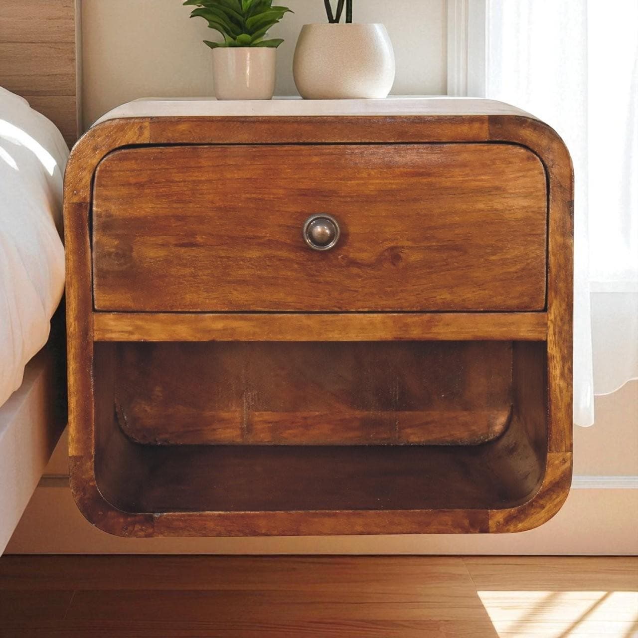Solid Wood Mini Curve Floating Bedside with Drawer and Open Slot, Bedside Table with Robust Steel Frame, 25L x 30W x 25H cm, Brown | Aosom UK
