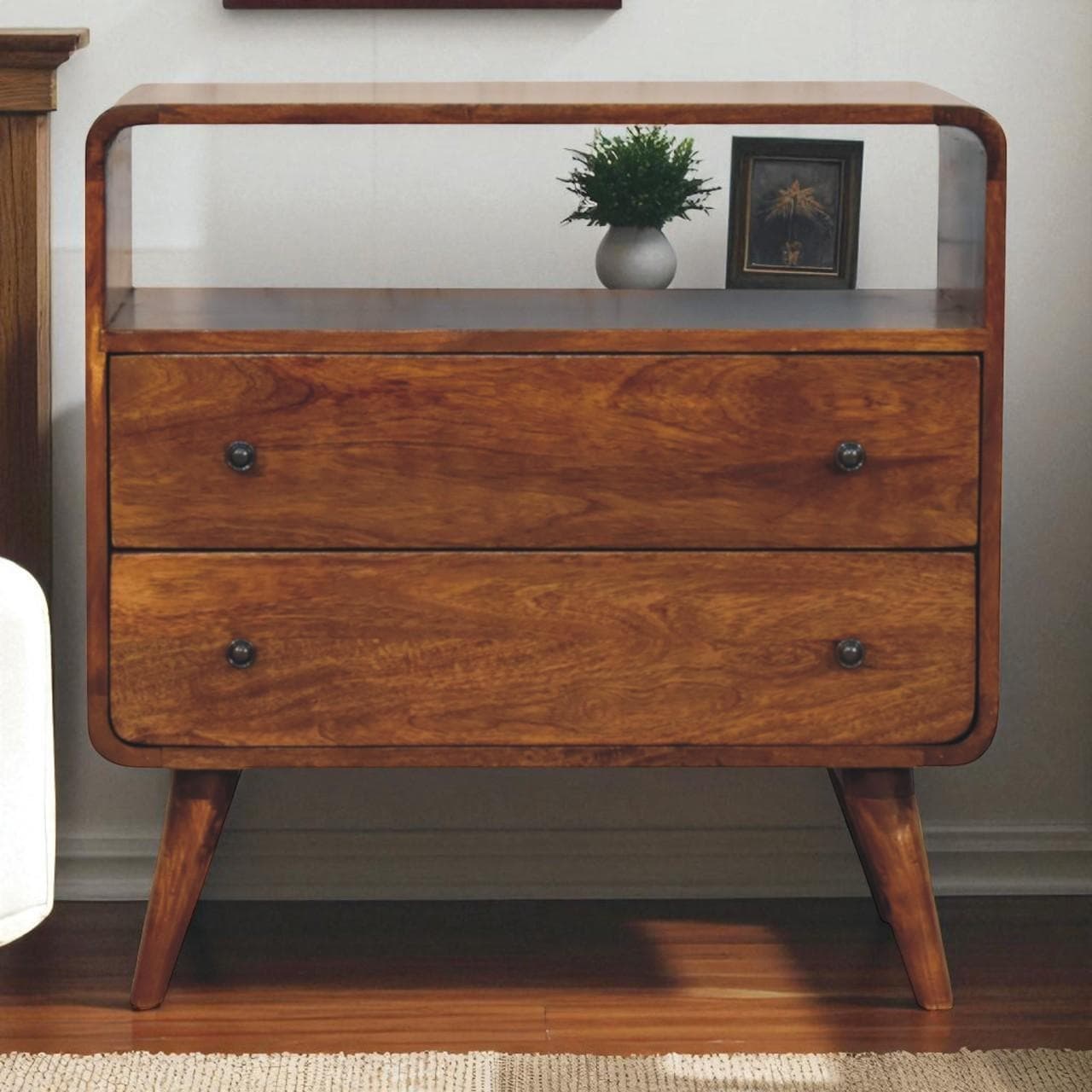 Solid Mango Wood Bedside Table, Nightstand Cabinet with 2-Drawer, Open Shelf, 35L x 70W x 70H cm, Brown | Aosom UK