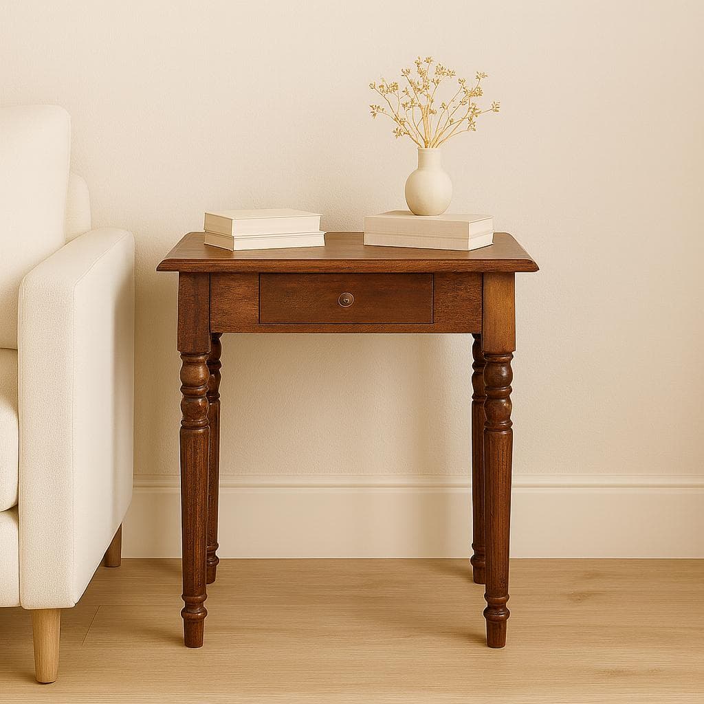 Solid Mango Wood Writing Desk with Hand-finished Grain and Drawer, Bedside Cabinet for Neat Storage, 35L x 60W x 78H cm, Dark Brown | Aosom UK