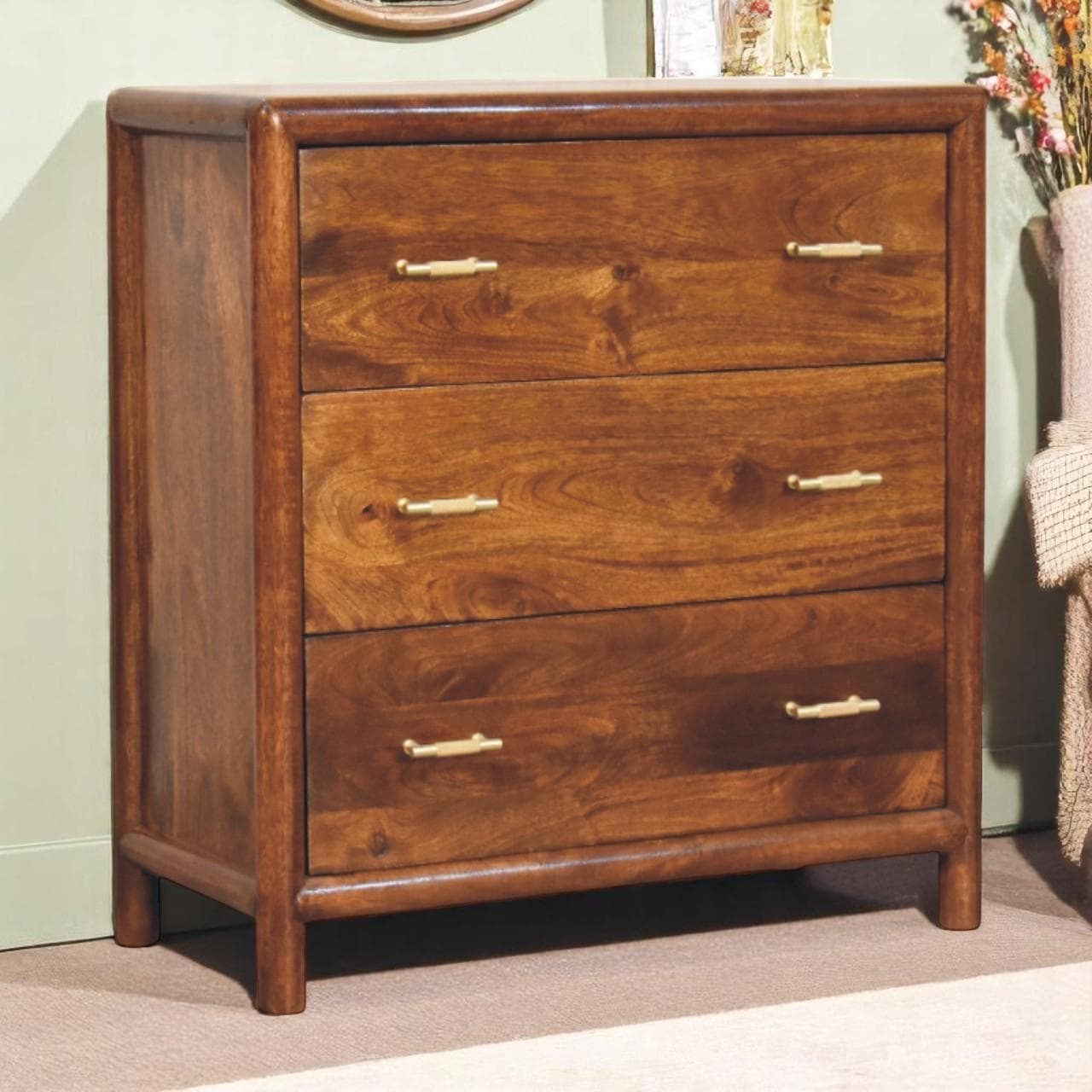 Solid Wood Chest of Drawer, 3-Drawer Storage Cabinet with Generous Organisation, Elegant Circular Silhouette, Brown | Aosom UK