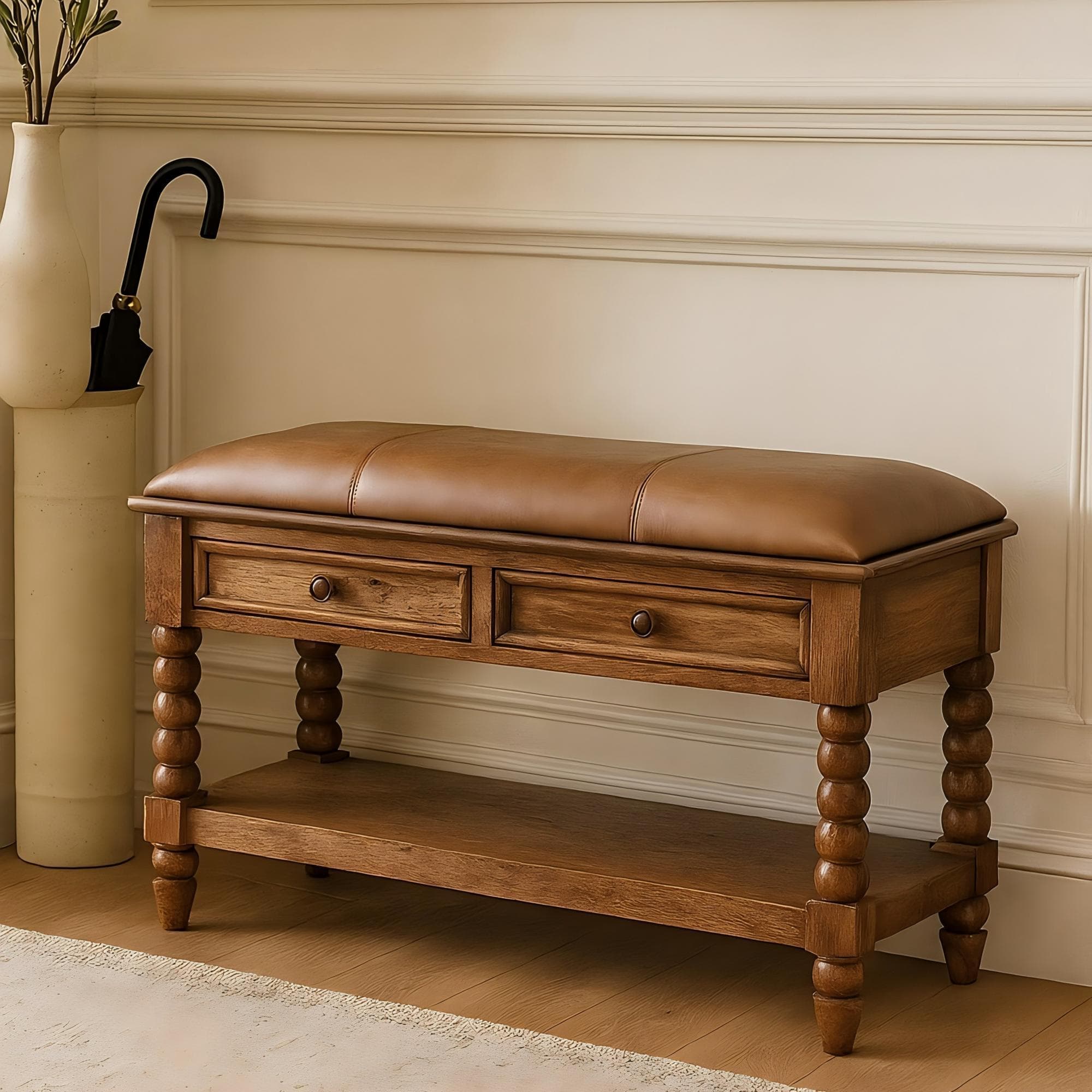 Solid Mango Wood Upholstered Spindle Bench with 2 Smooth‑gliding Drawers, Seat with Open Slot for Storage, 35L x 90W x 55H cm, Brown | Aosom UK