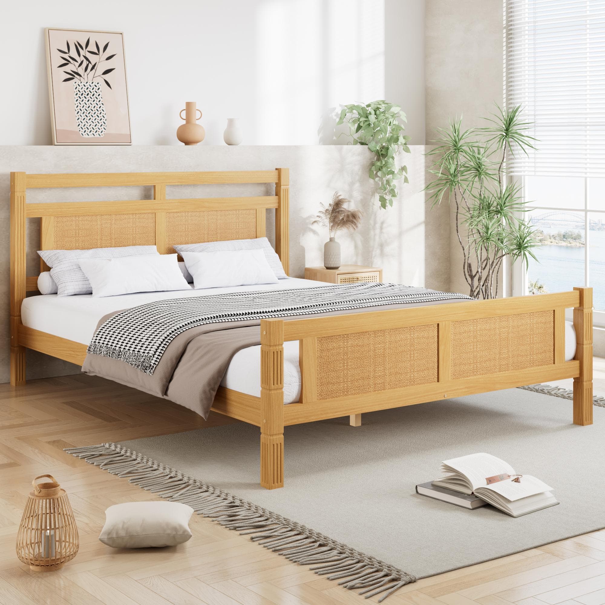 4ft6 Double Bed with Natural Timber Finish and MDF Back Panel, Upholstered Bed with Sturdy Plywood Slats, 199L x 142W x 98H cm, Natural | Aosom UK