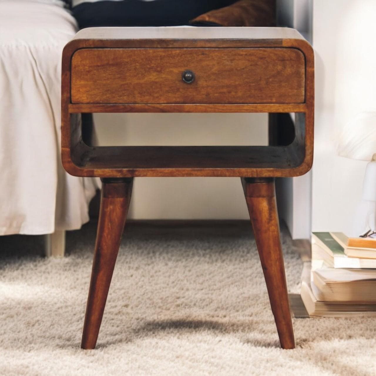 Solid Mango Wood Bedside Table with Spacious Drawer and Open Shelf, Nightstand with Minimalist Circular Profile, 35L x 45W x 56H cm, Brown | Aosom UK