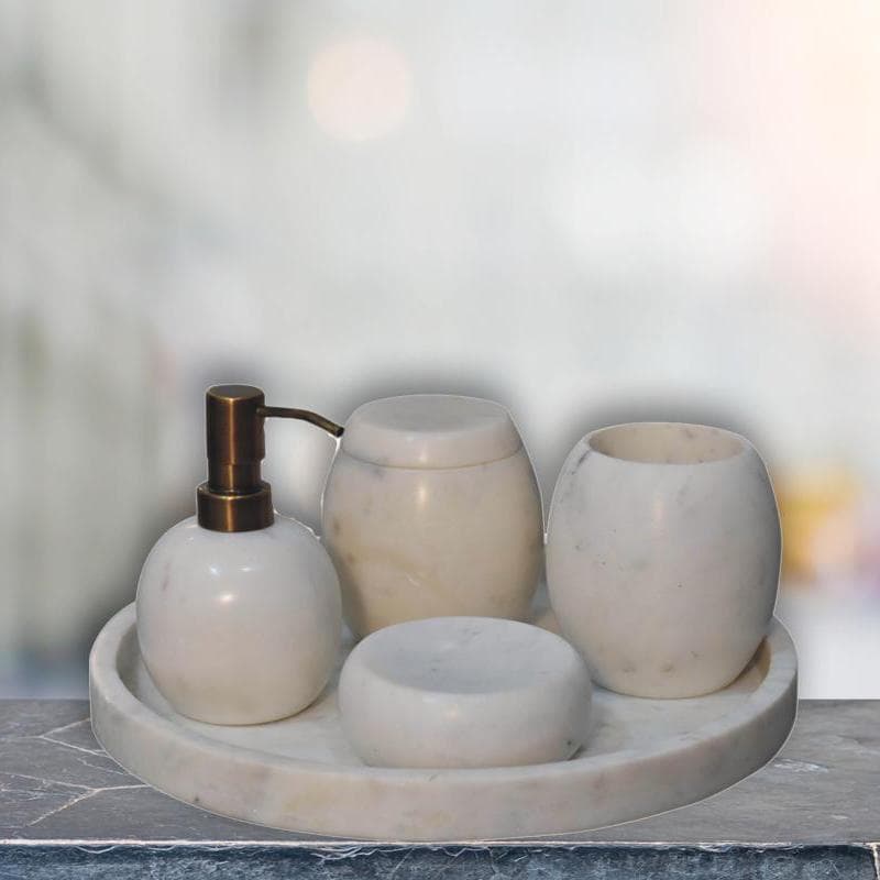 5-Piece Marble Bathroom Accessories Set with Sustainable Durable Design, Hand-Finished Set with Mango Wood, 10L x 10W x 14H cm, White | Aosom UK