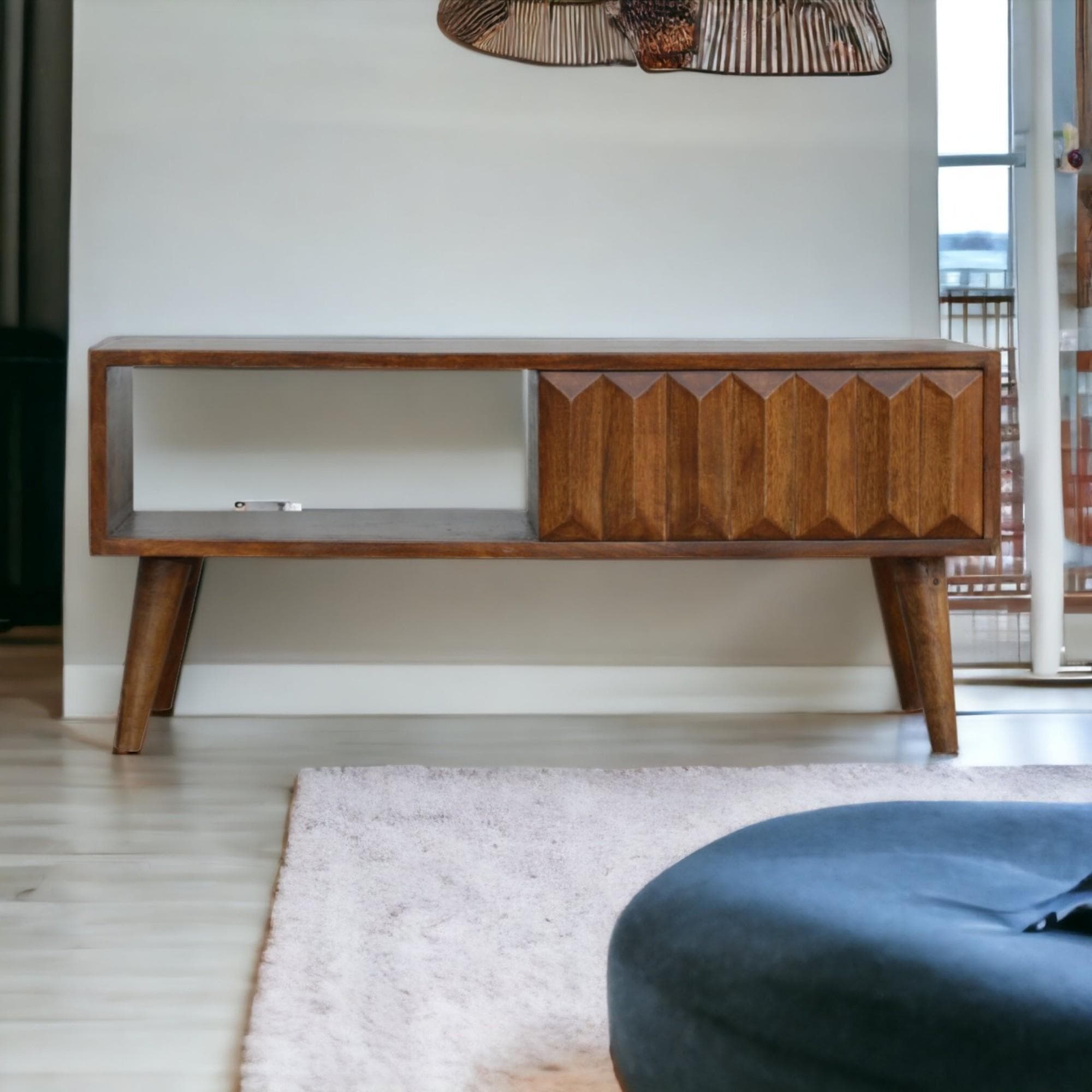 Solid Mango Wood Media Unit with Sliding Door and Open Slot Storage, Hand-finished Table with Unique Grain, 35L x 88W x 40H cm, Brown | Aosom UK
